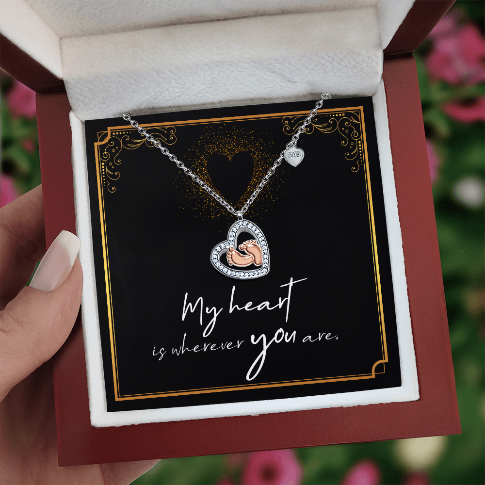 My Heart Is Wherever You Are Baby Feet Heart Necklace