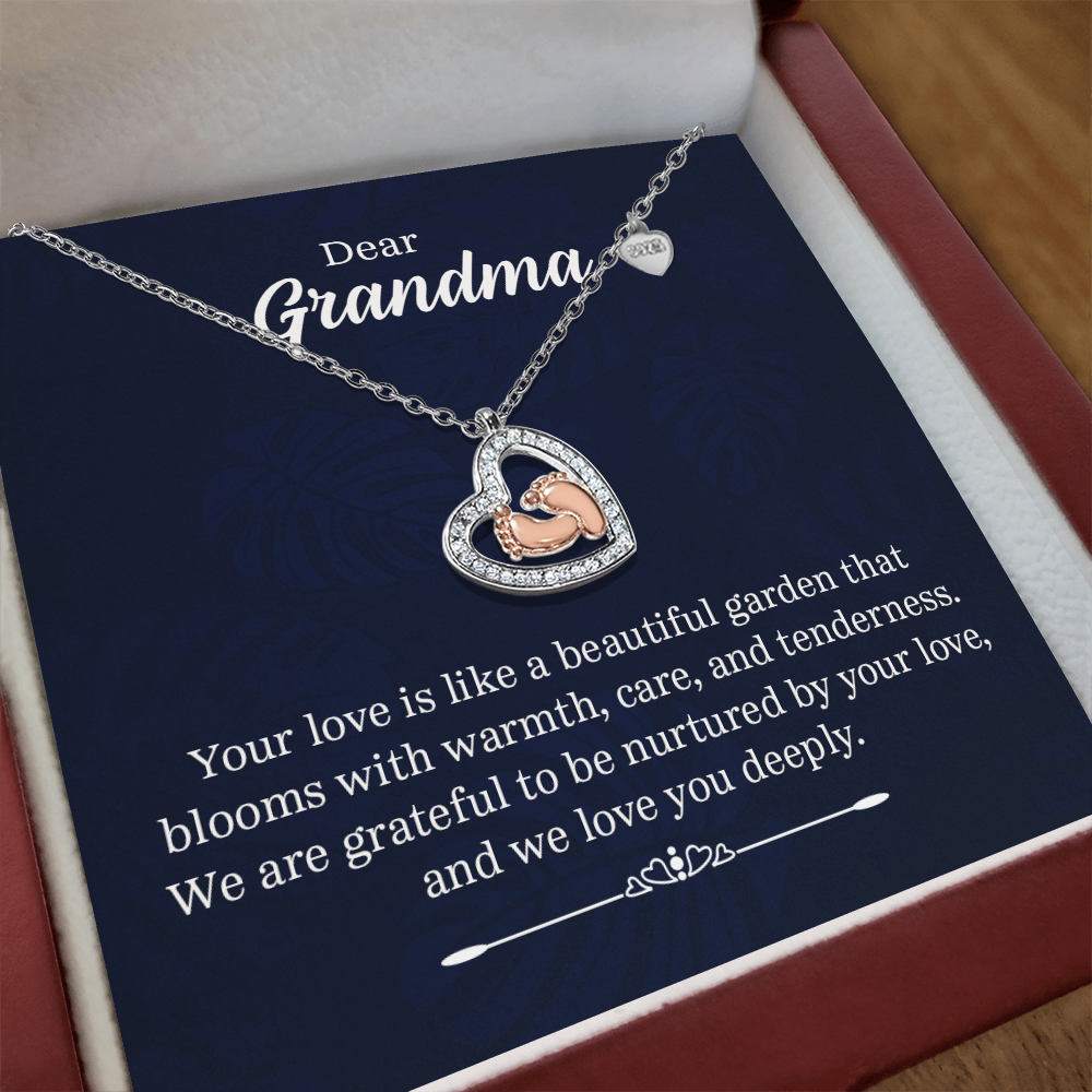Dear Grandma Beautiful Garden Baby Feet Heart Necklace