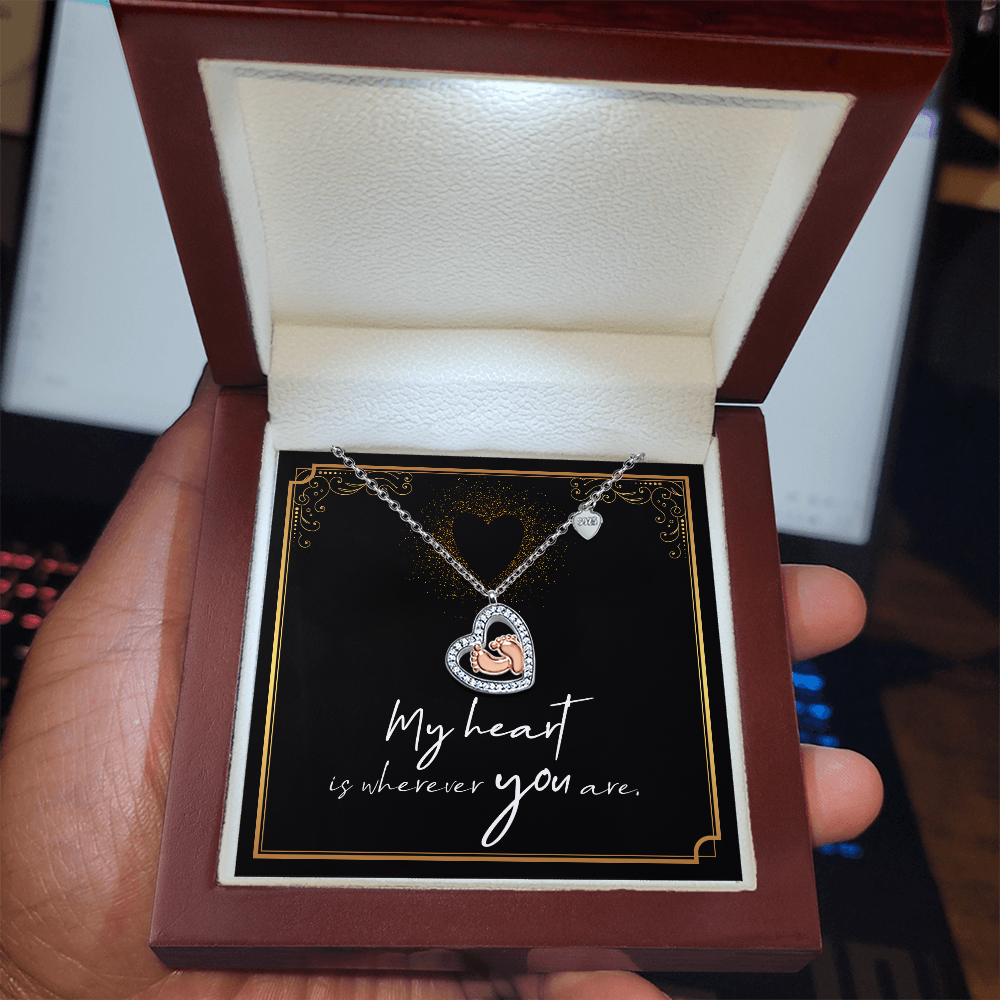 My Heart Is Wherever You Are Baby Feet Heart Necklace