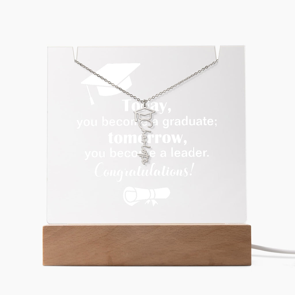 Today a Graduate Tomorrow a Leader Keepsake Acrylic & Graduation Cap Name Necklace Bundle