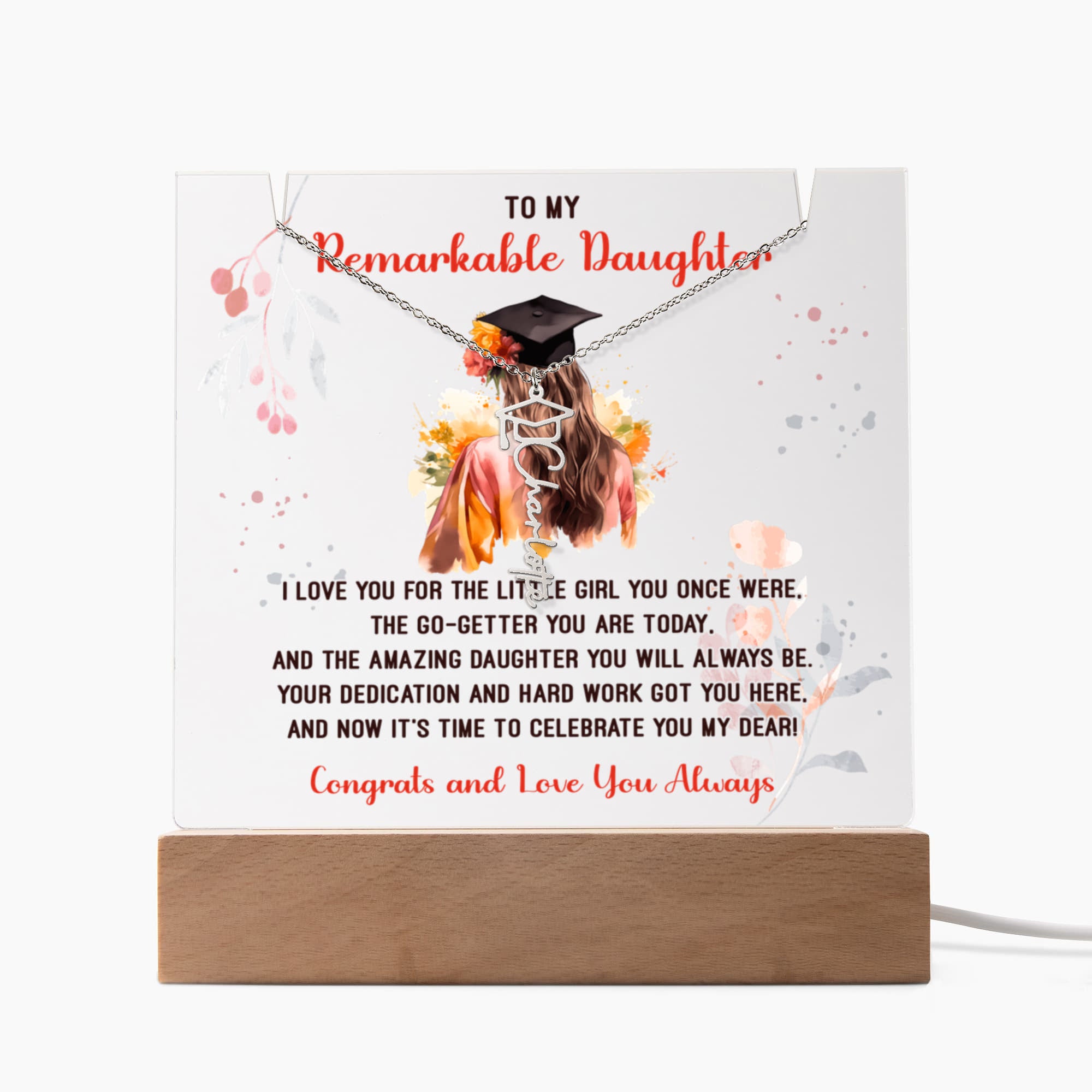Remarkable Daughter Graduation Keepsake Acrylic & Graduation Cap Name Necklace Bundle