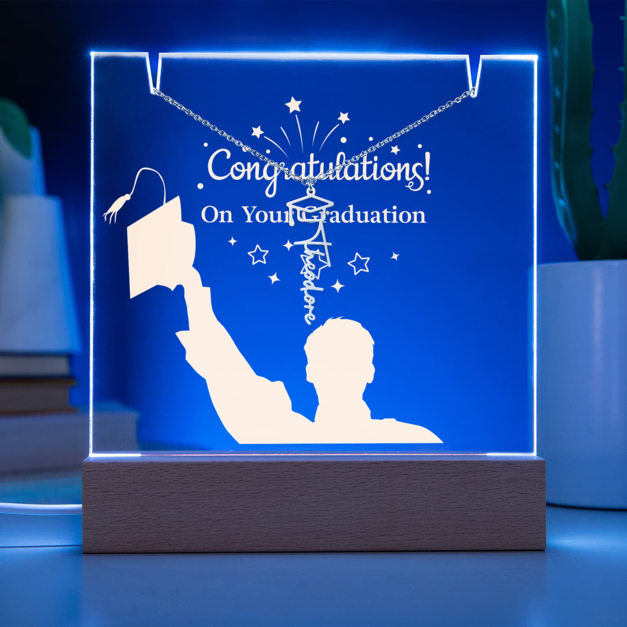 Congratulations on Your Graduation Keepsake Acrylic & Graduation Cap Name Necklace Bundle