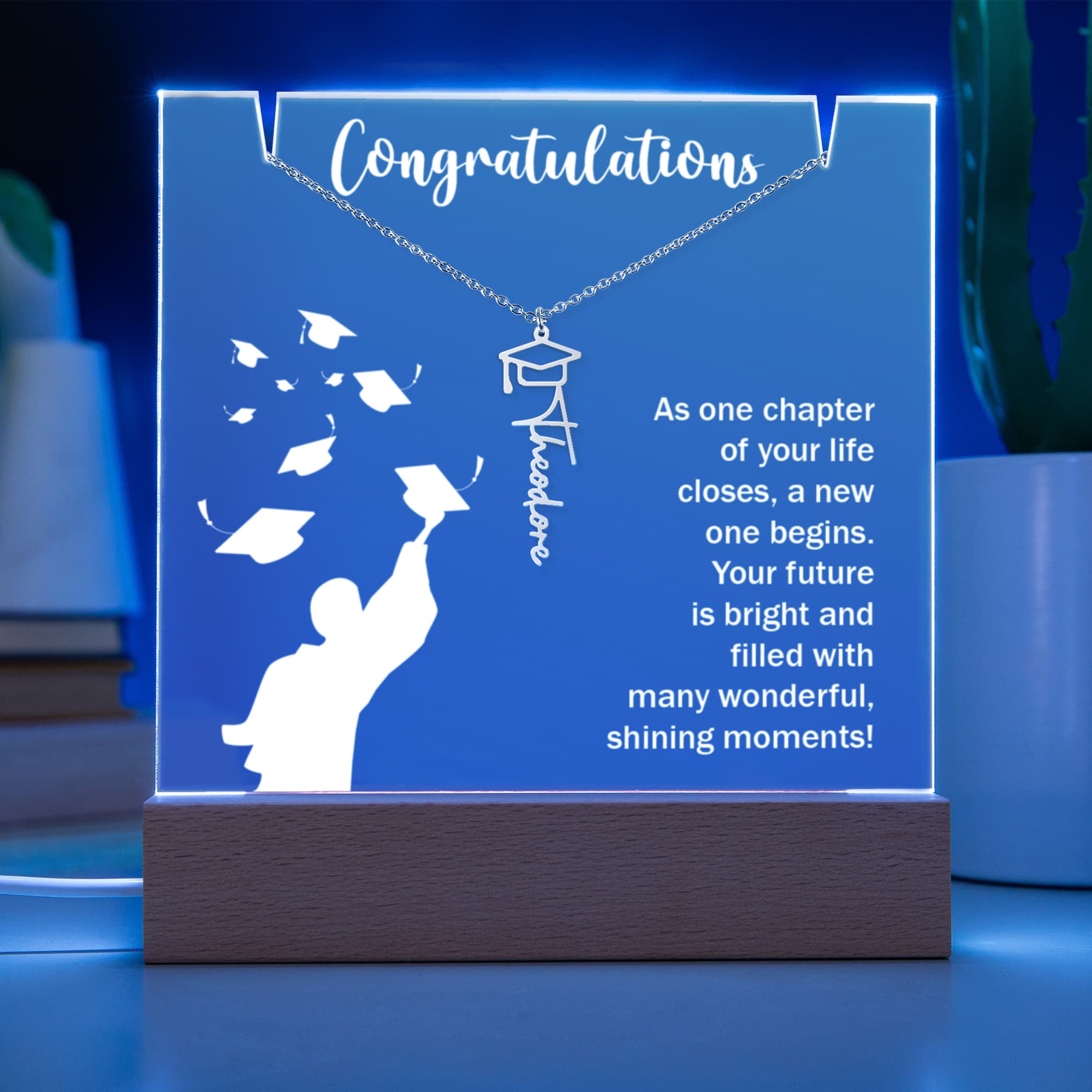 Bright Future Graduation Keepsake Acrylic & Graduation Cap Name Necklace Bundle