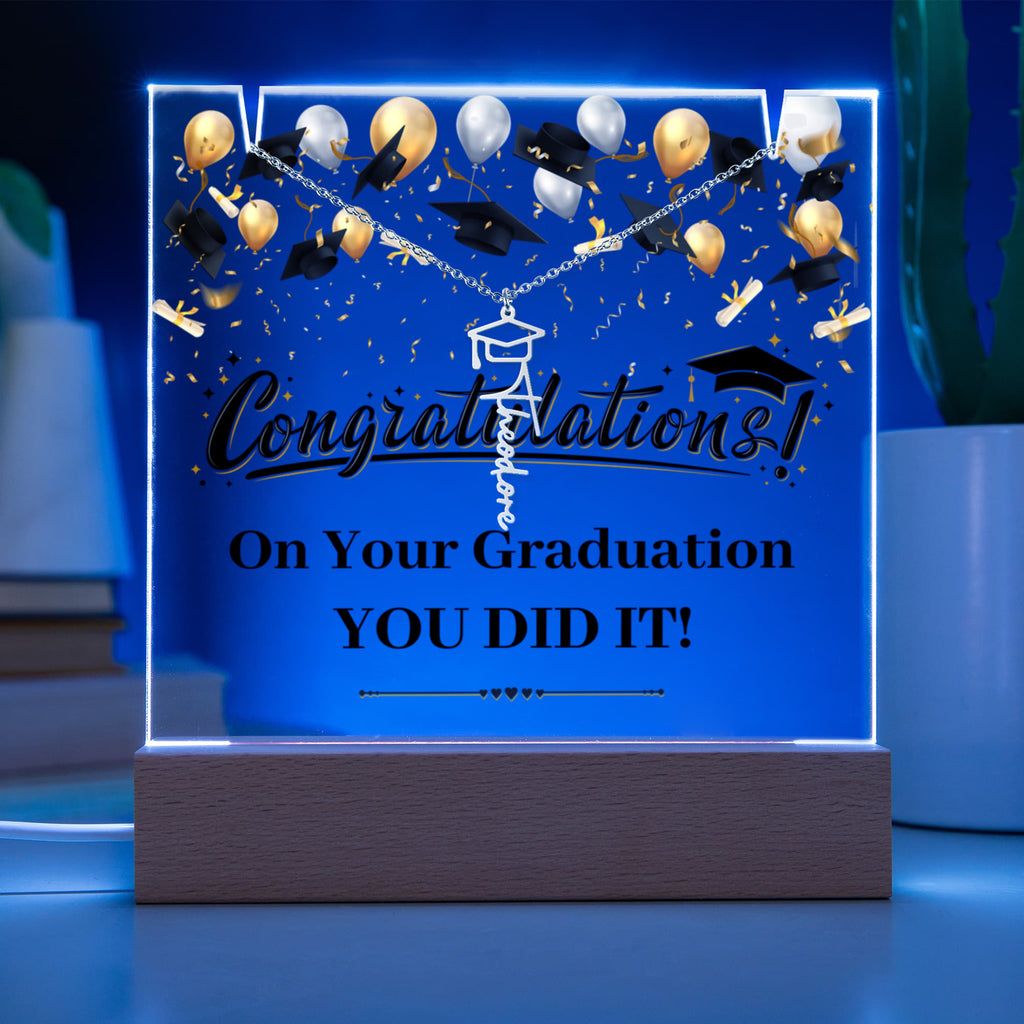 You Did It Graduation Keepsake Acrylic & Graduation Cap Name Necklace Bundle