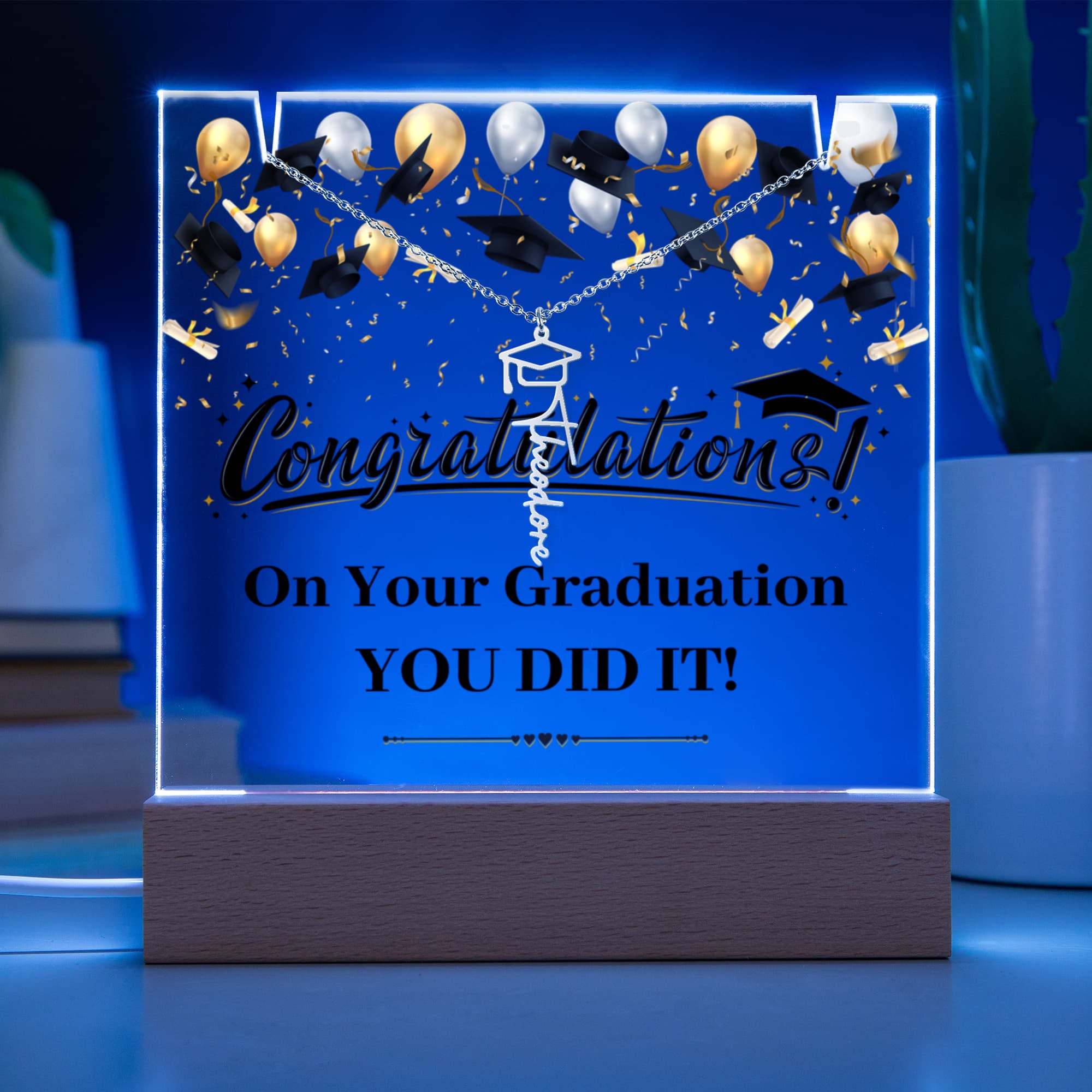 You Did It Graduation Keepsake Acrylic & Graduation Cap Name Necklace Bundle