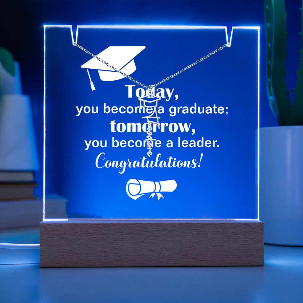 Today a Graduate Tomorrow a Leader Keepsake Acrylic & Graduation Cap Name Necklace Bundle