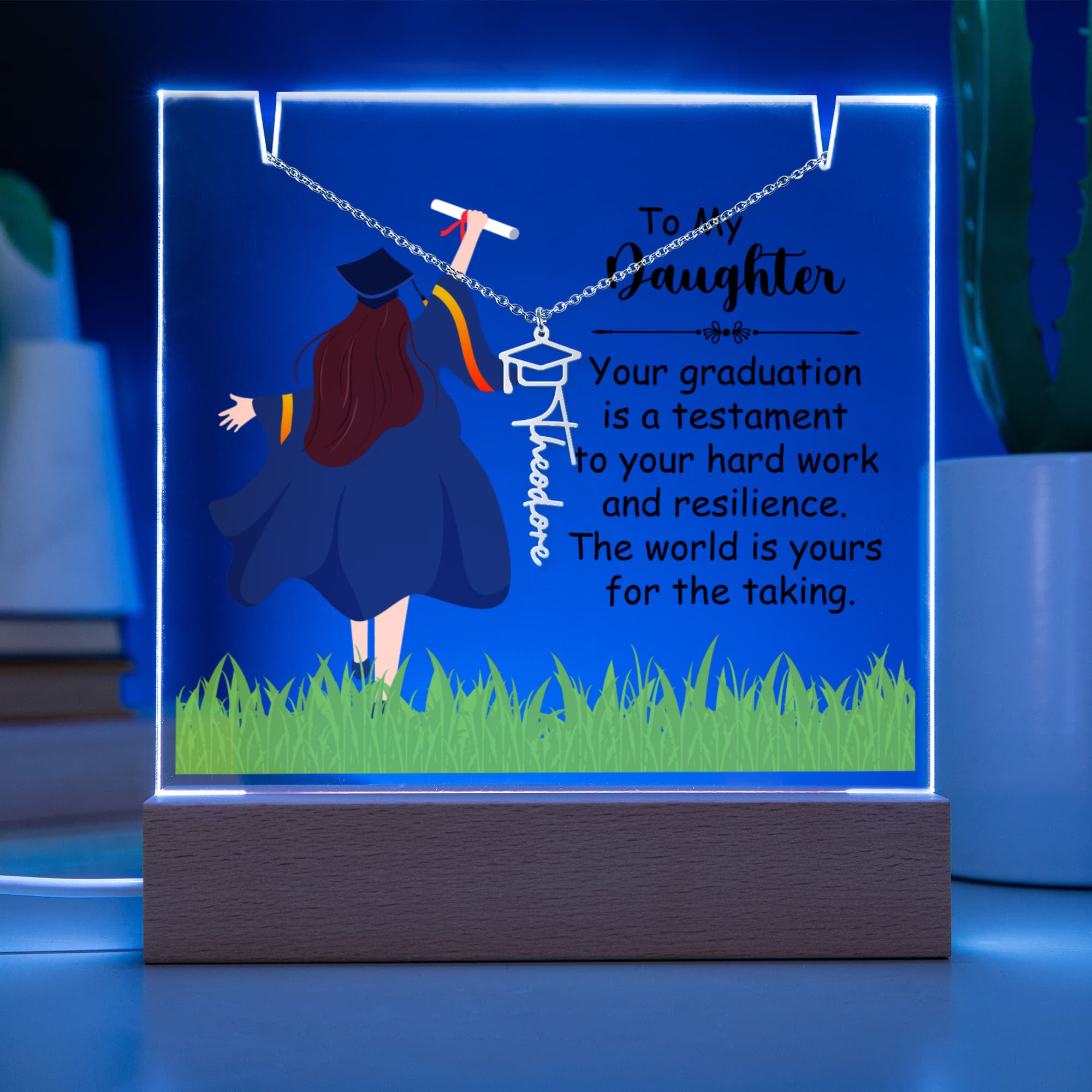 Daughter Hard Work & Resilience Graduation Keepsake & Name Necklace Bundle