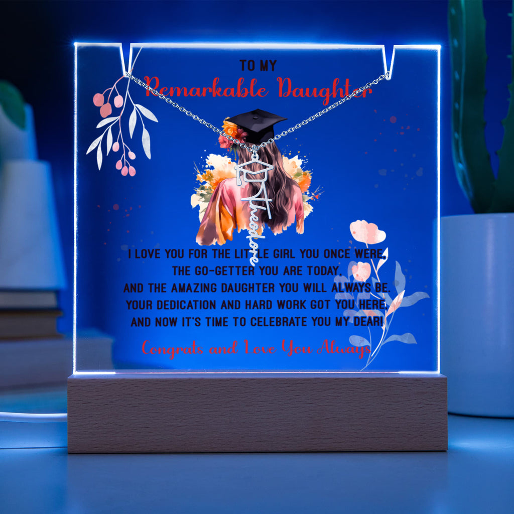 Remarkable Daughter Graduation Keepsake Acrylic & Graduation Cap Name Necklace Bundle
