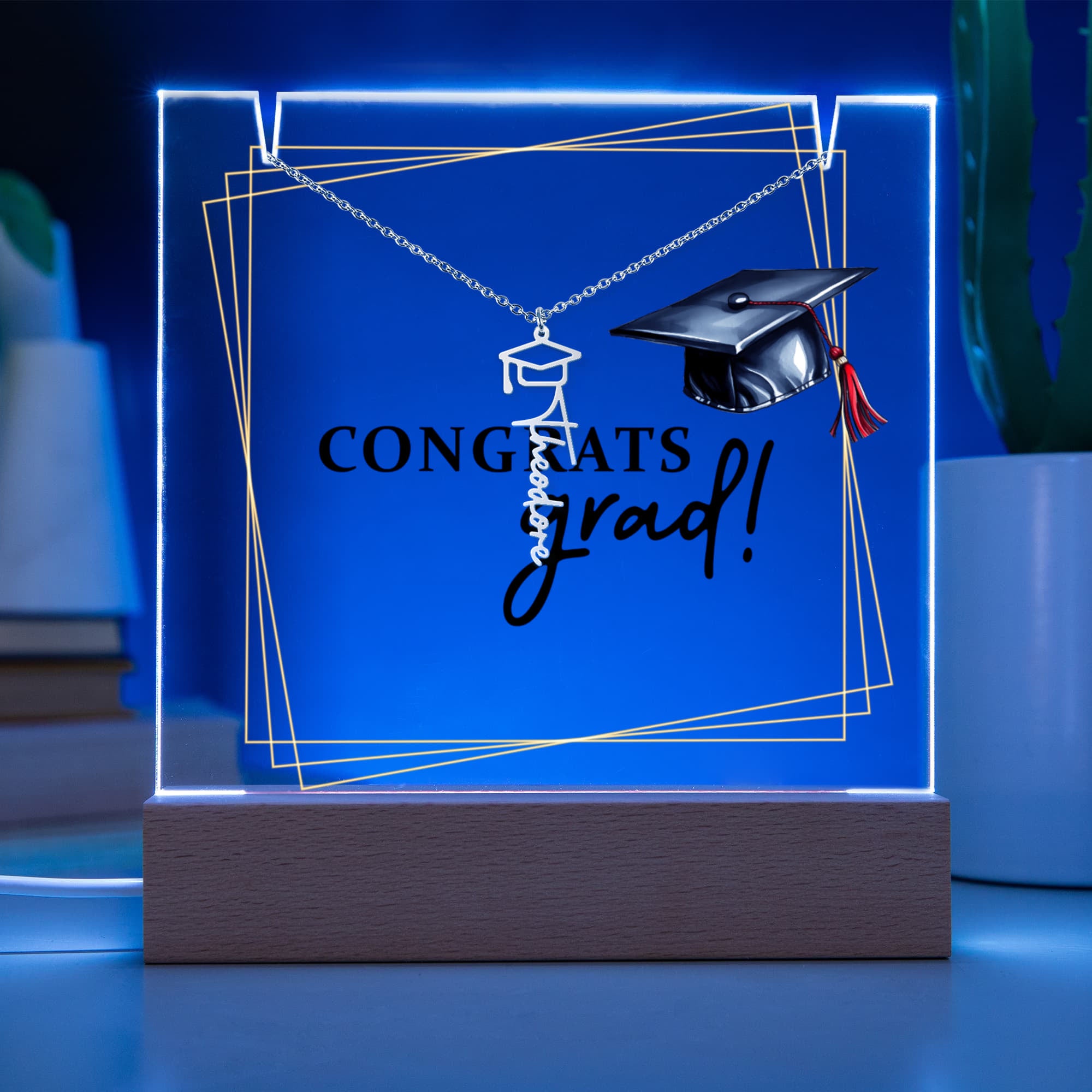 Congrats Grad Keepsake Acrylic & Graduation Cap Name Necklace Bundle