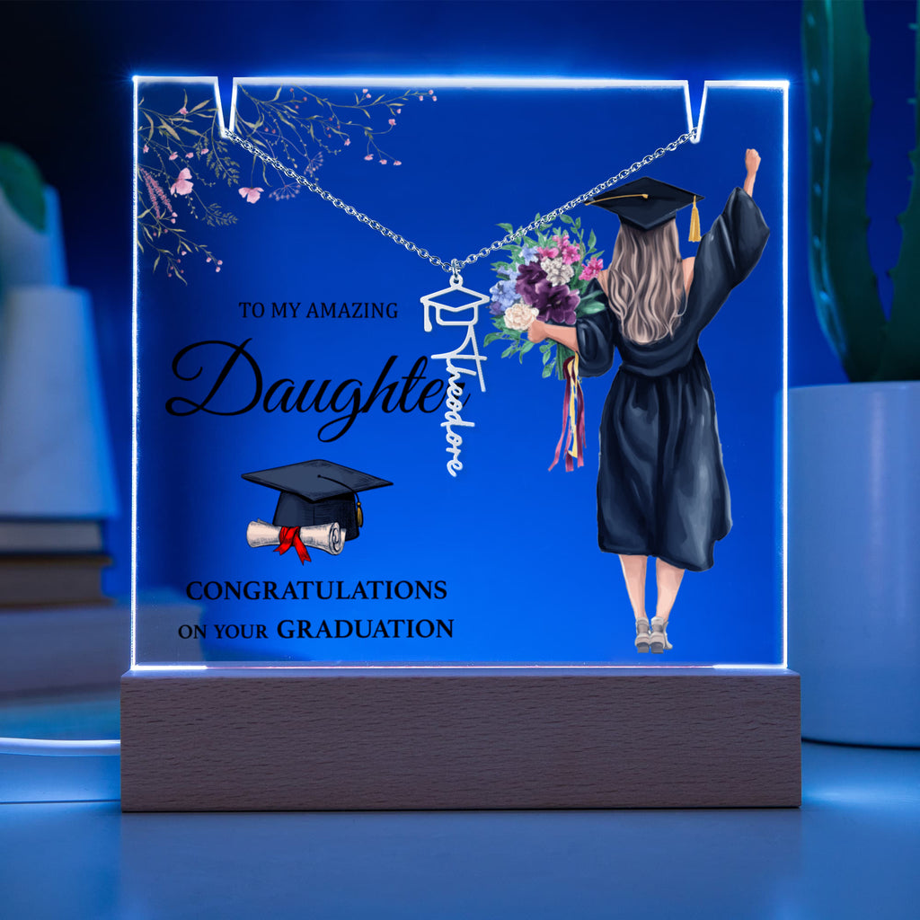 Amazing Daughter Graduation Keepsake Acrylic & Graduation Cap Name Necklace Bundle
