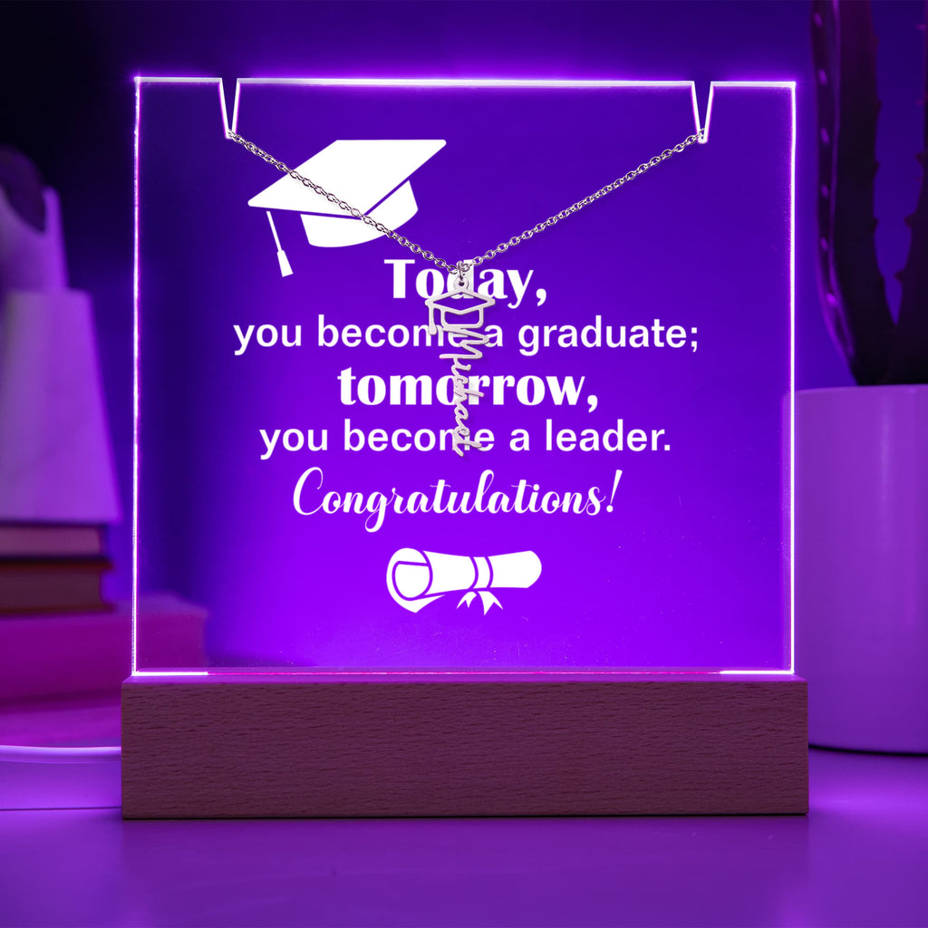 Today a Graduate Tomorrow a Leader Keepsake Acrylic & Graduation Cap Name Necklace Bundle