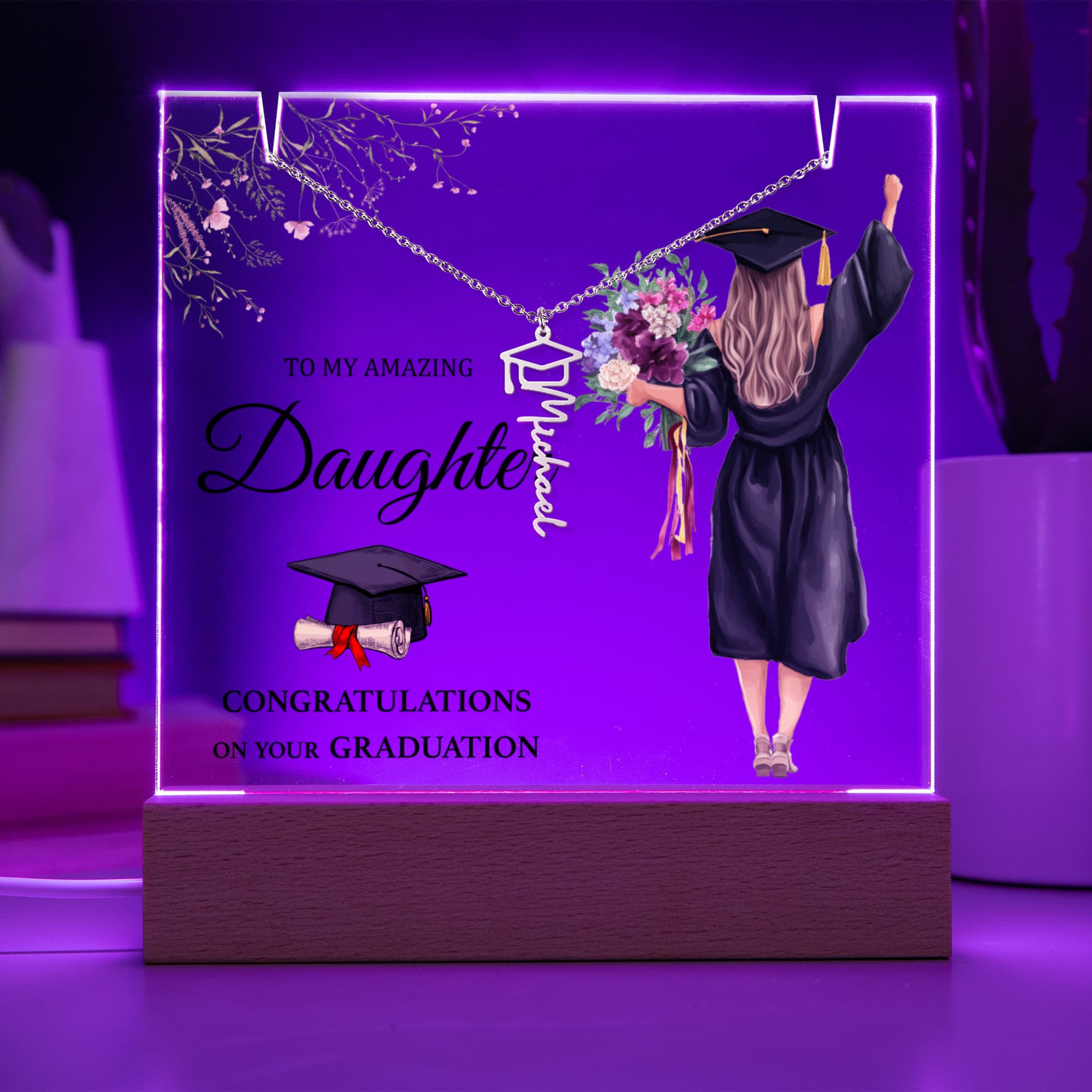 Amazing Daughter Graduation Keepsake Acrylic & Graduation Cap Name Necklace Bundle