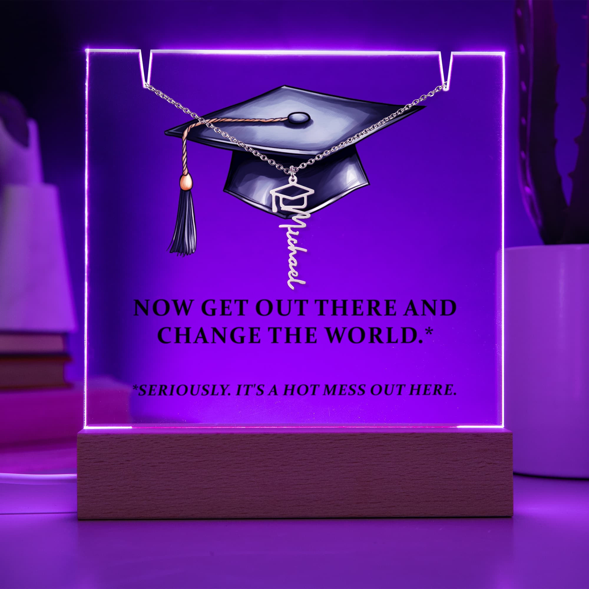 Keepsake Acrylic with Graduation Cap Name Necklace Bundle