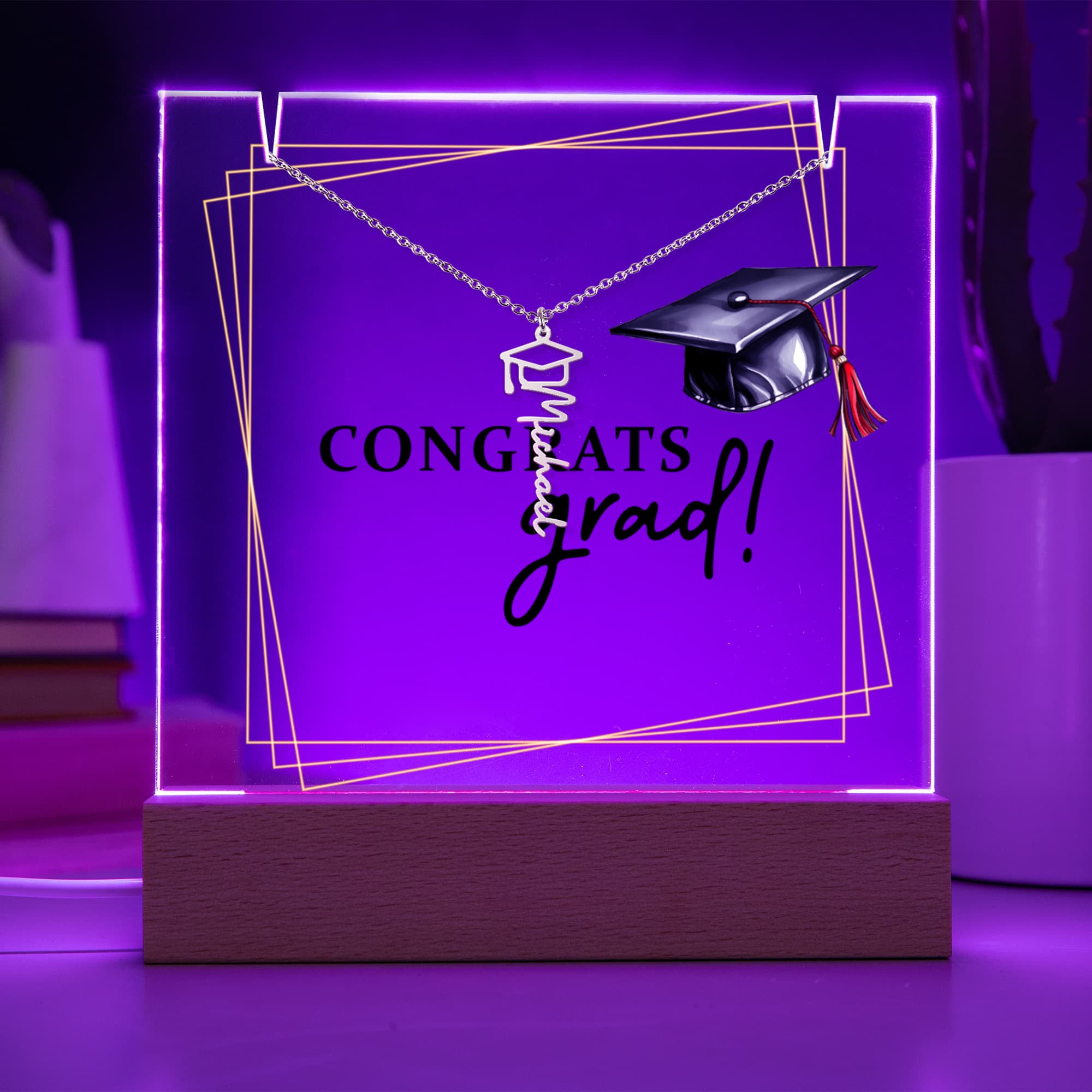 Congrats Grad Keepsake Acrylic & Graduation Cap Name Necklace Bundle