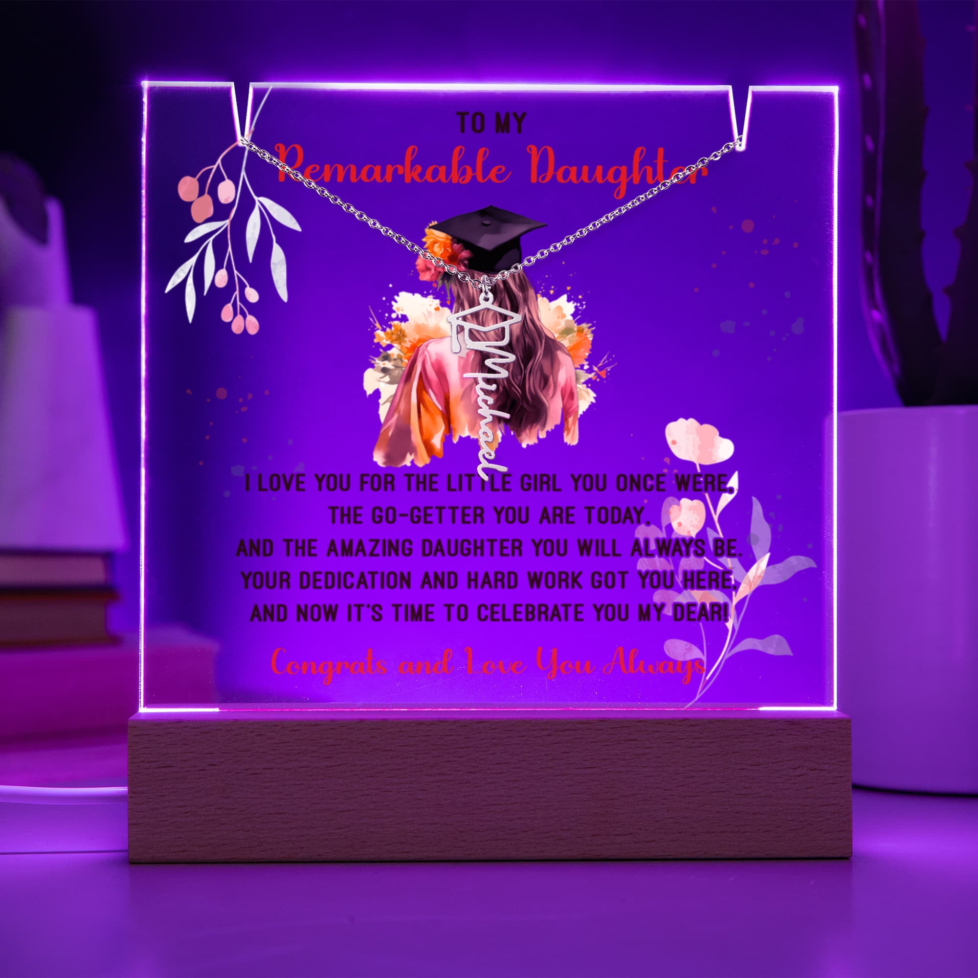 Remarkable Daughter Graduation Keepsake Acrylic & Graduation Cap Name Necklace Bundle
