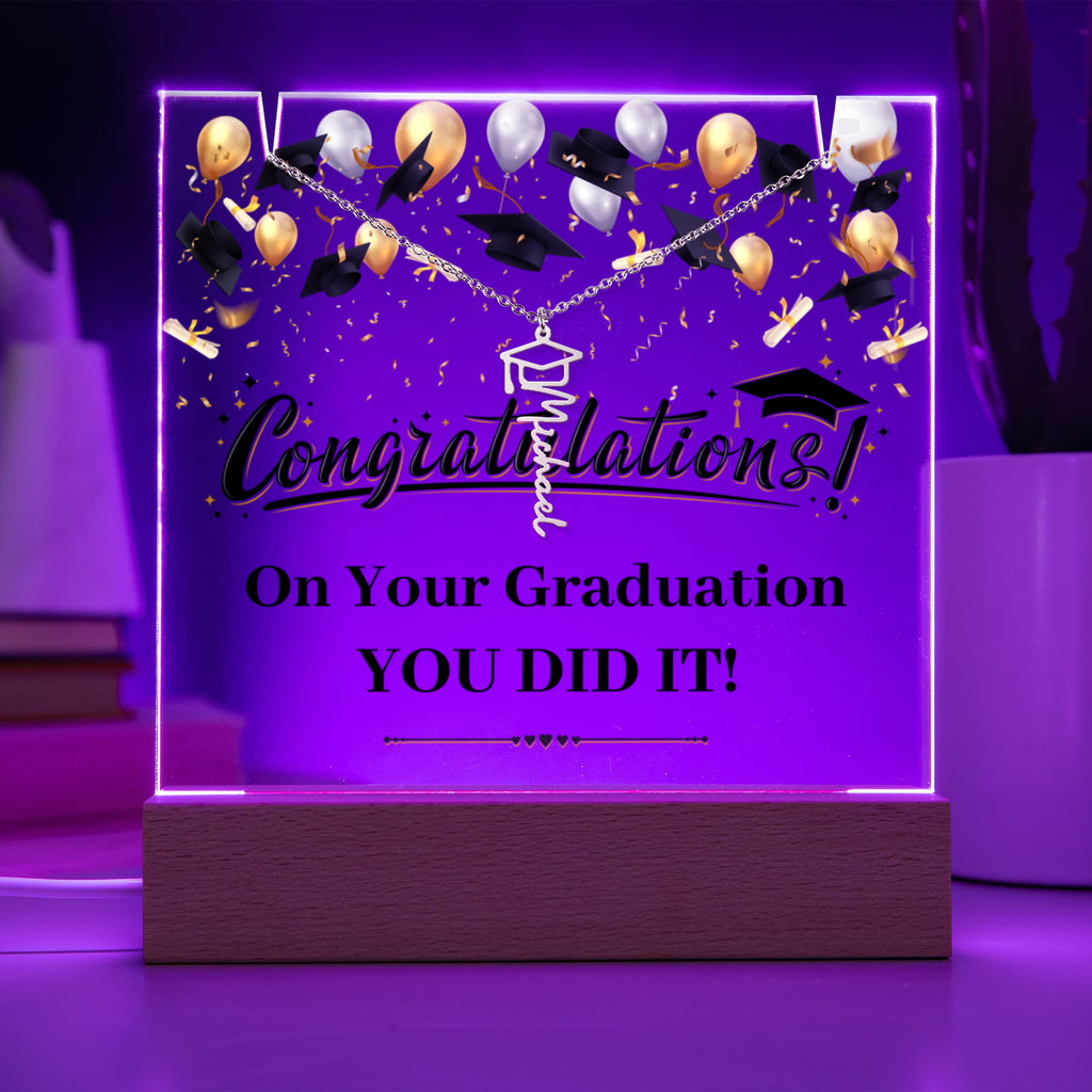 You Did It Graduation Keepsake Acrylic & Graduation Cap Name Necklace Bundle