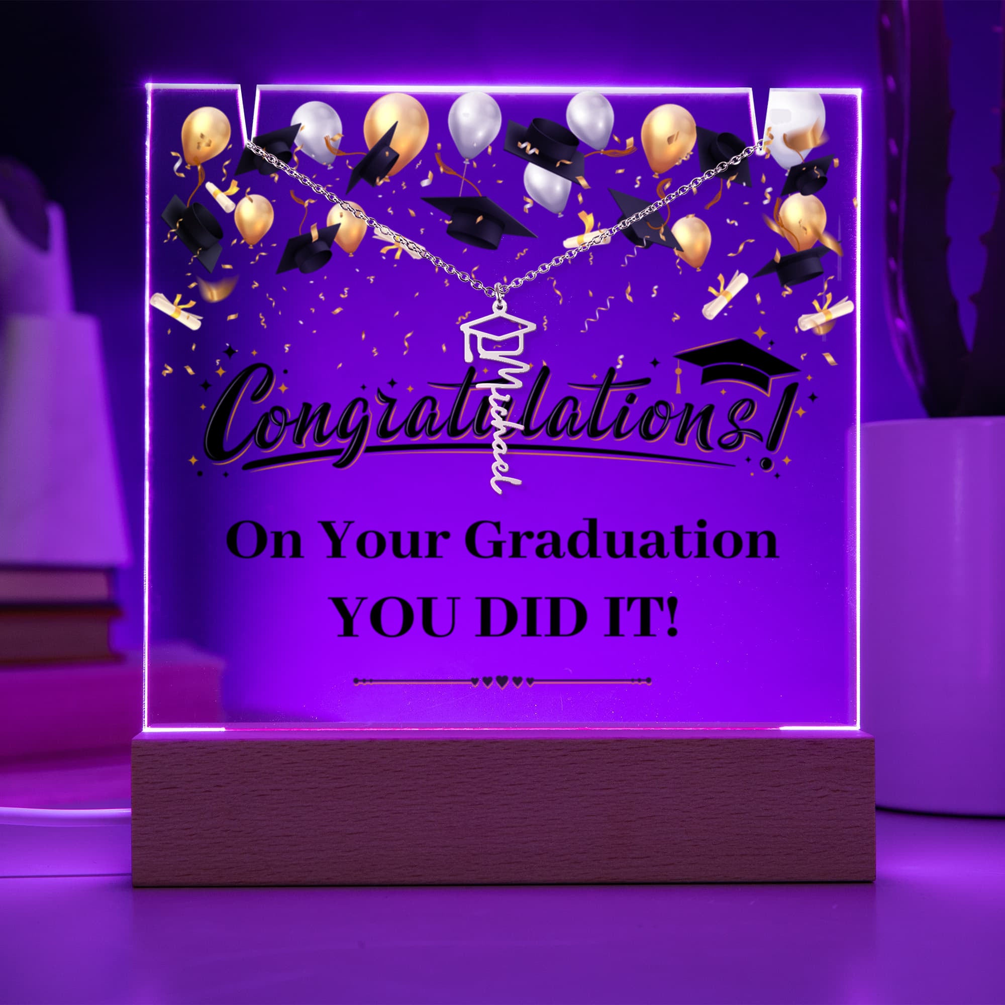 You Did It Graduation Keepsake Acrylic & Graduation Cap Name Necklace Bundle
