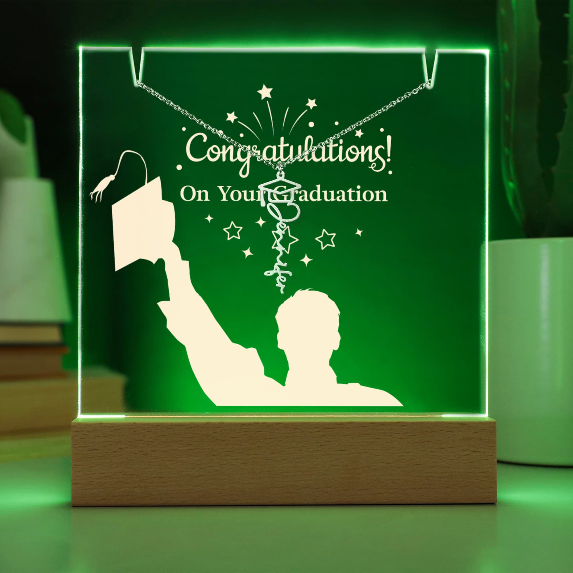 Congratulations on Your Graduation Keepsake Acrylic & Graduation Cap Name Necklace Bundle