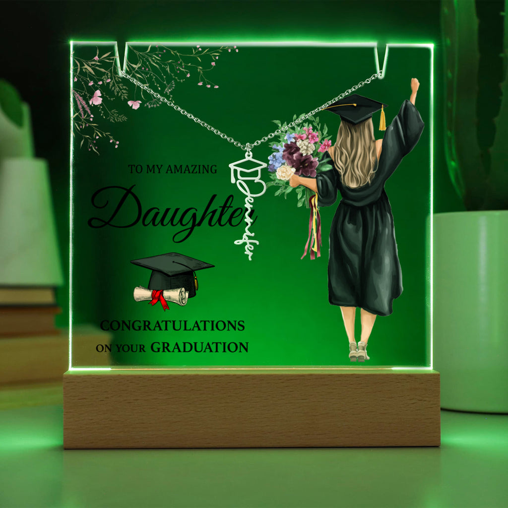 Amazing Daughter Graduation Keepsake Acrylic & Graduation Cap Name Necklace Bundle