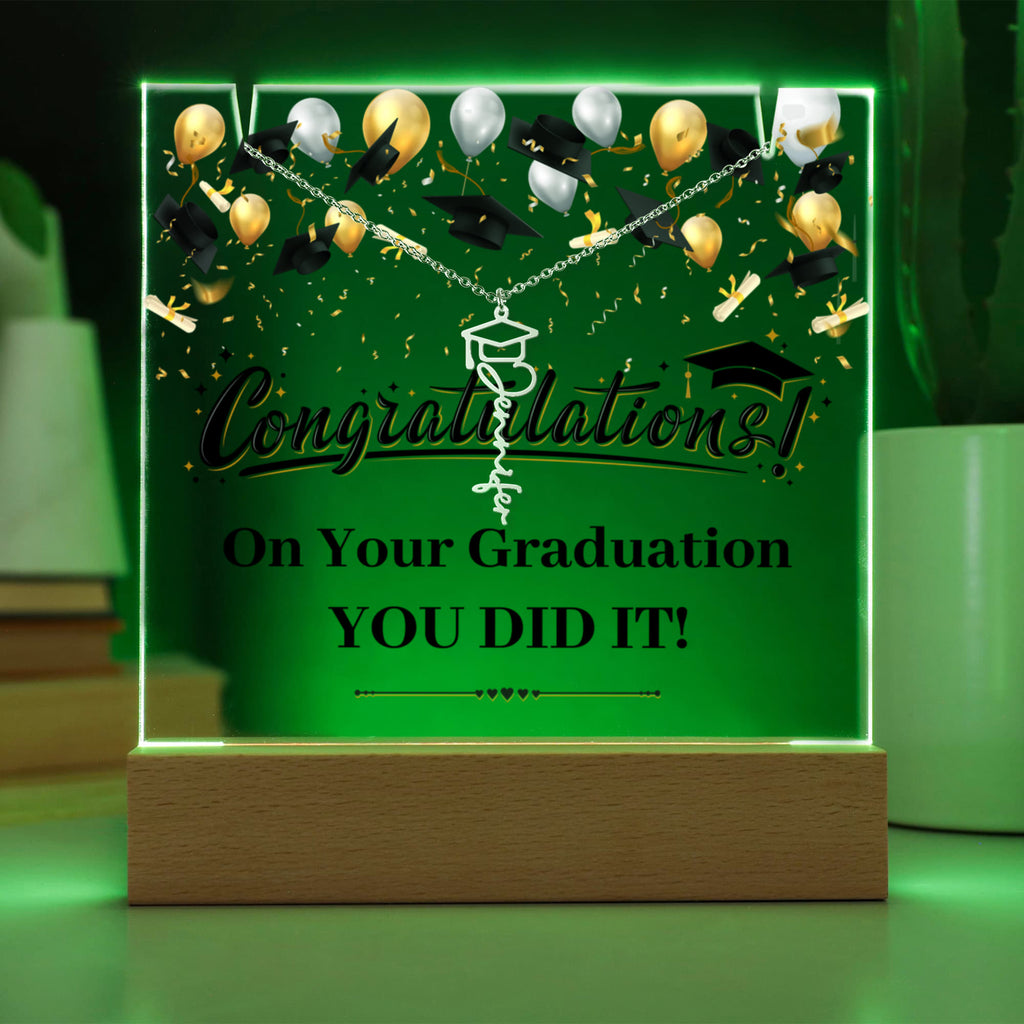 You Did It Graduation Keepsake Acrylic & Graduation Cap Name Necklace Bundle