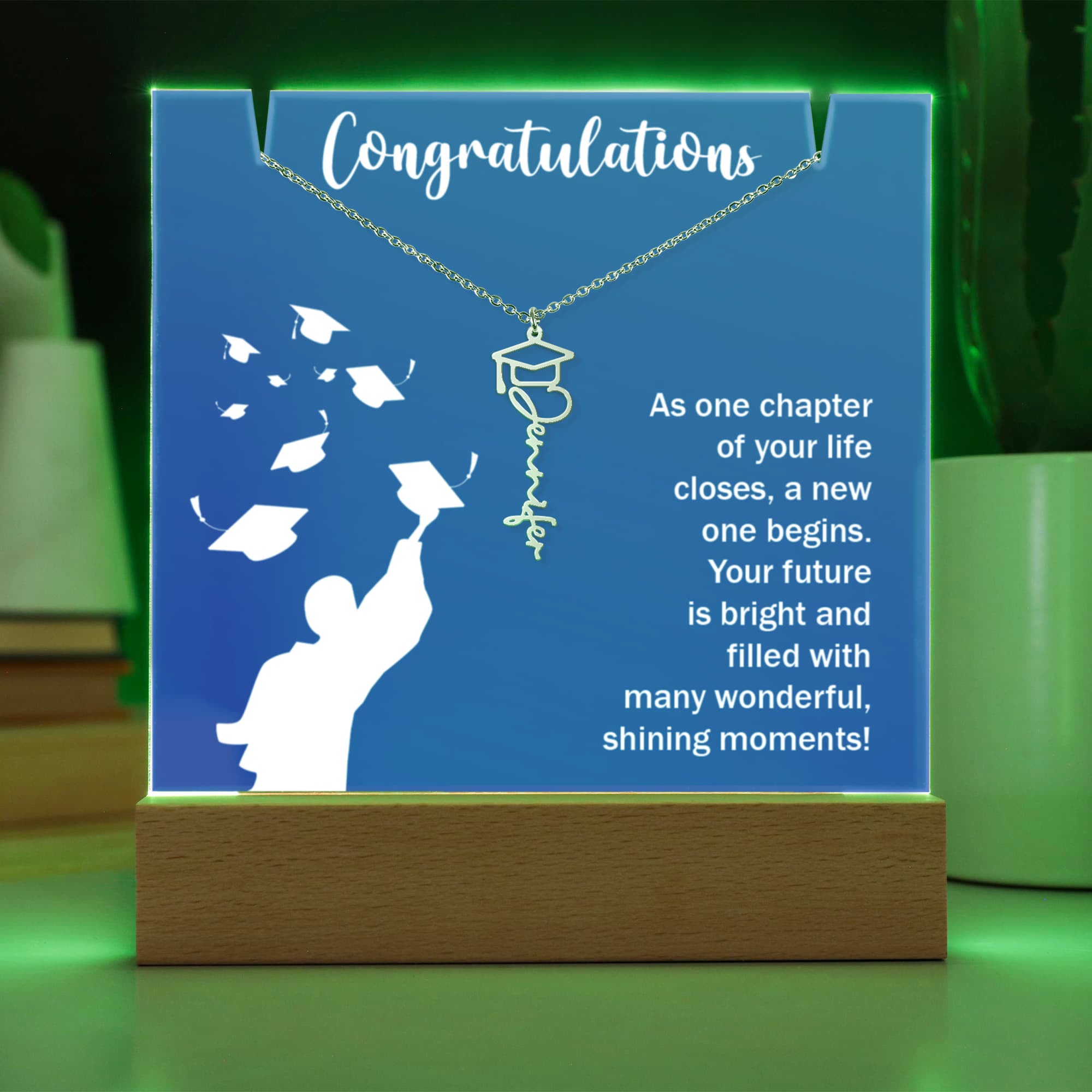 Bright Future Graduation Keepsake Acrylic & Graduation Cap Name Necklace Bundle