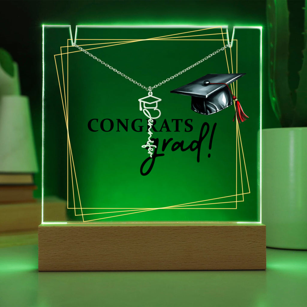 Congrats Grad Keepsake Acrylic & Graduation Cap Name Necklace Bundle