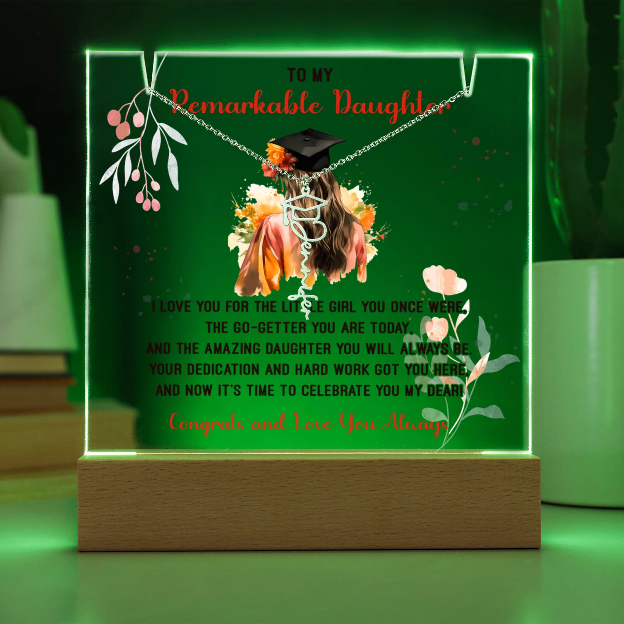 Remarkable Daughter Graduation Keepsake Acrylic & Graduation Cap Name Necklace Bundle