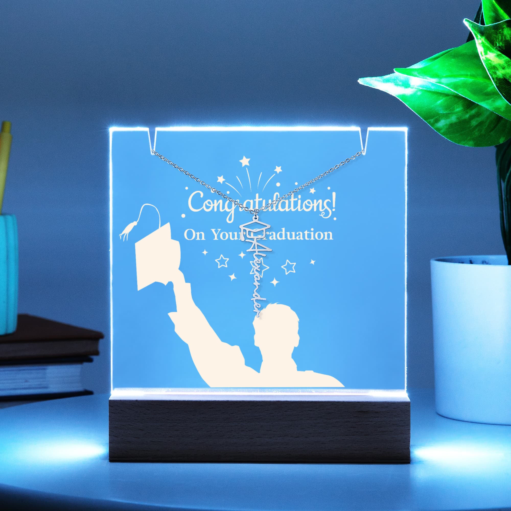 Congratulations on Your Graduation Keepsake Acrylic & Graduation Cap Name Necklace Bundle