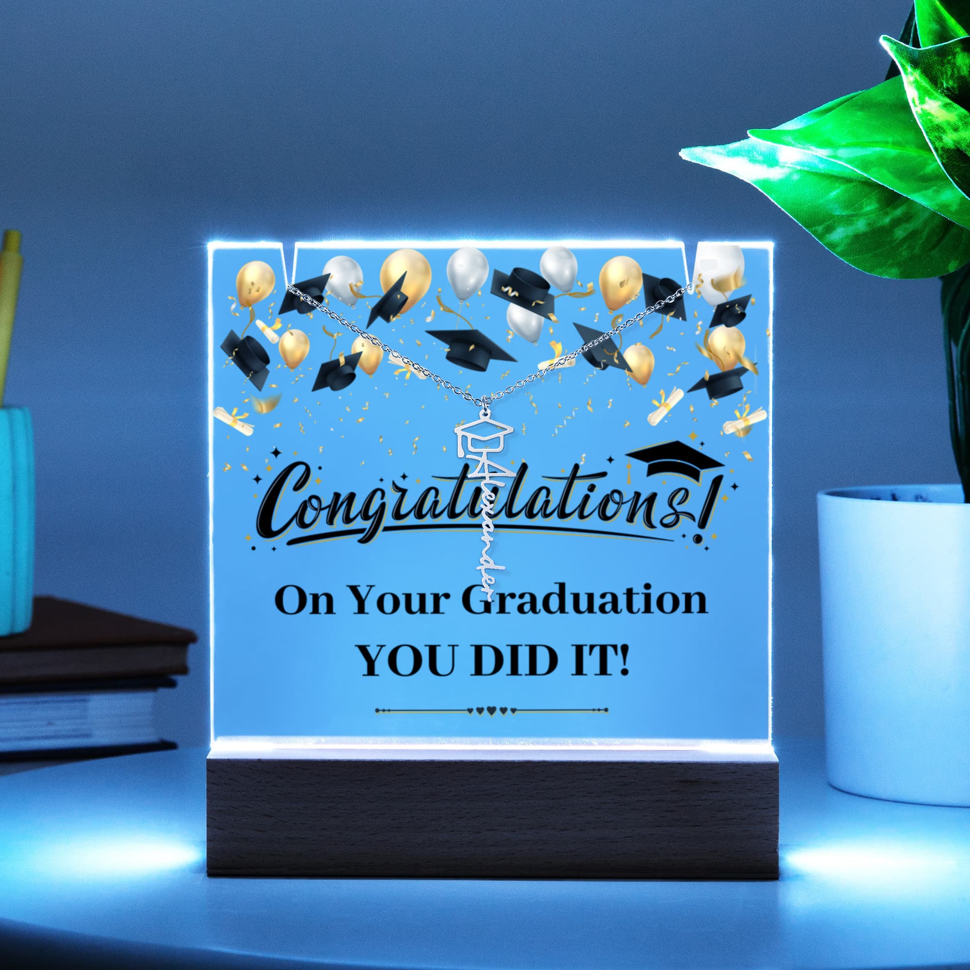 You Did It Graduation Keepsake Acrylic & Graduation Cap Name Necklace Bundle