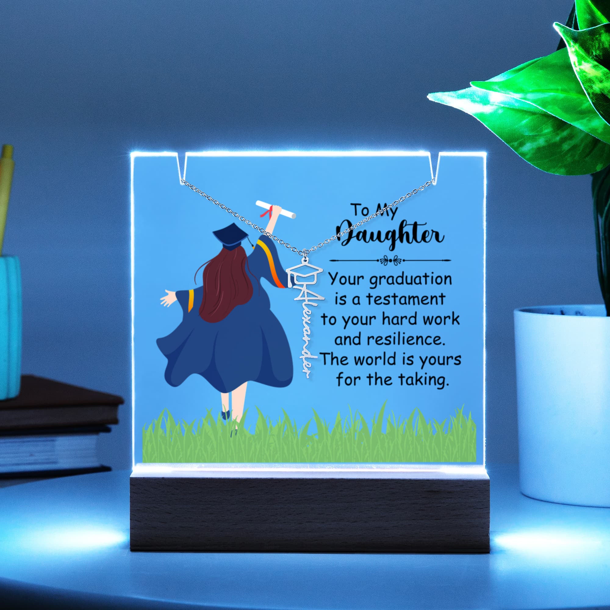 Daughter Hard Work & Resilience Graduation Keepsake & Name Necklace Bundle