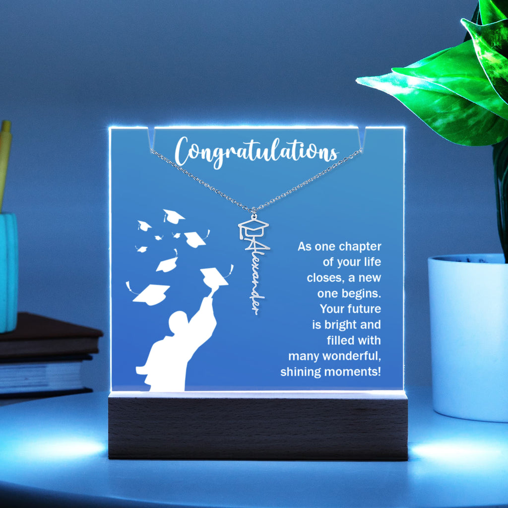 Bright Future Graduation Keepsake Acrylic & Graduation Cap Name Necklace Bundle