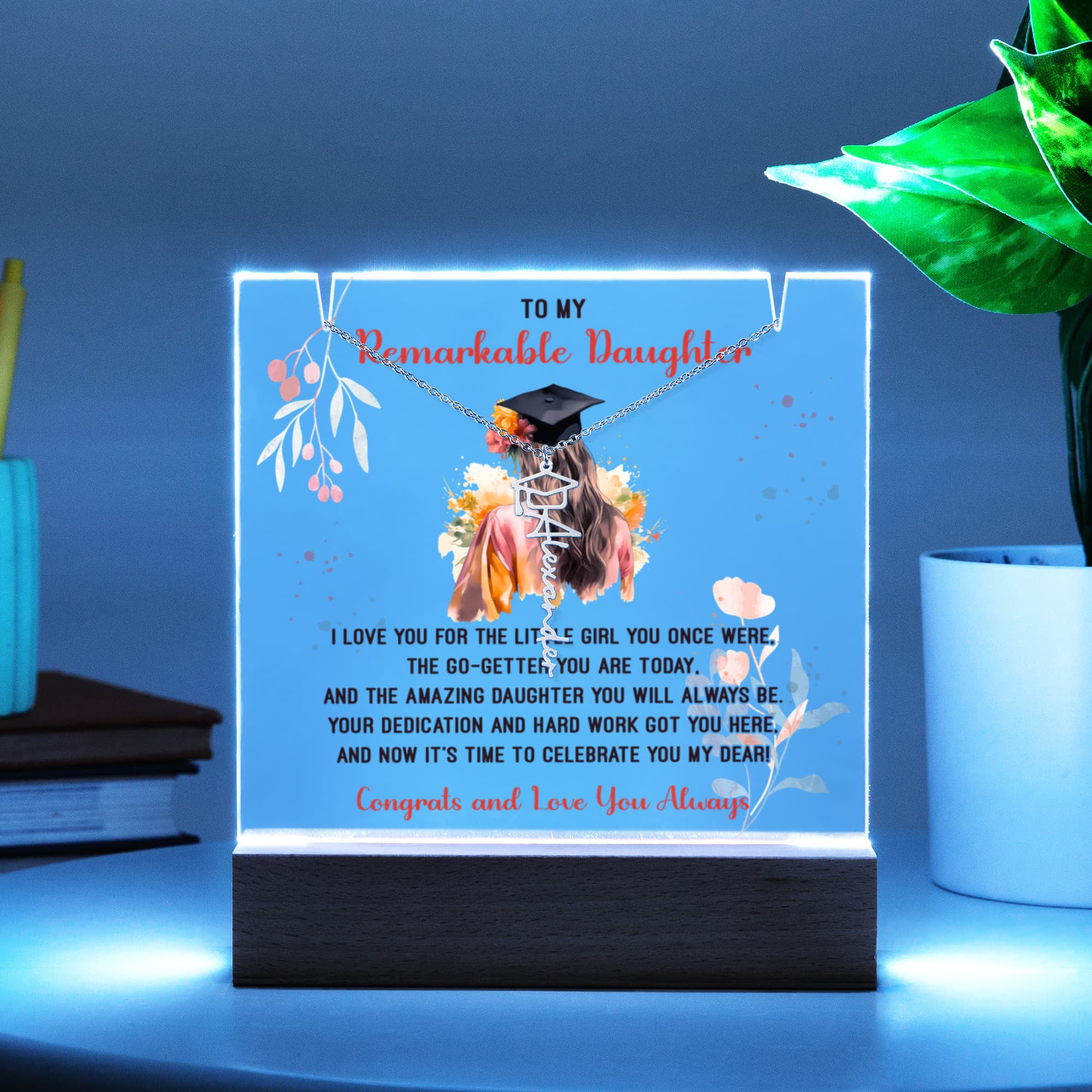 Remarkable Daughter Graduation Keepsake Acrylic & Graduation Cap Name Necklace Bundle