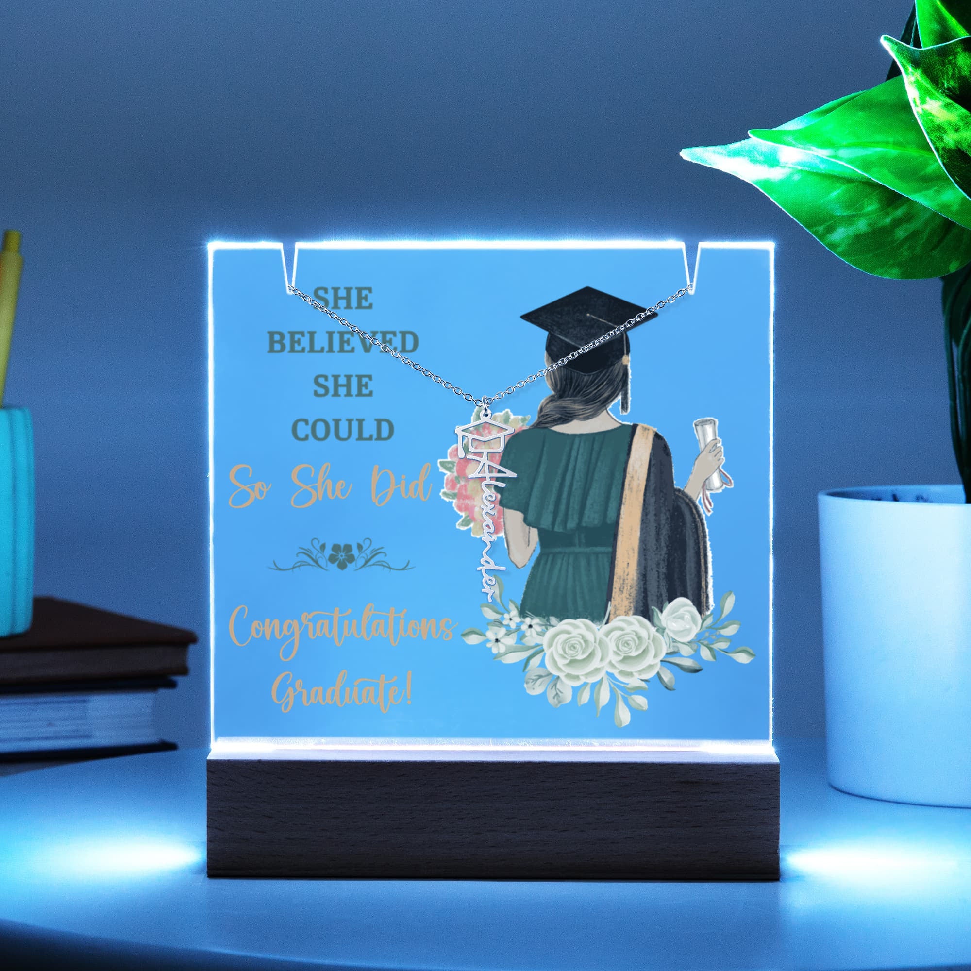 Keepsake Acrylic with Graduation Cap Name Necklace Bundle