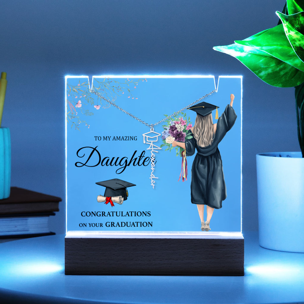 Amazing Daughter Graduation Keepsake Acrylic & Graduation Cap Name Necklace Bundle