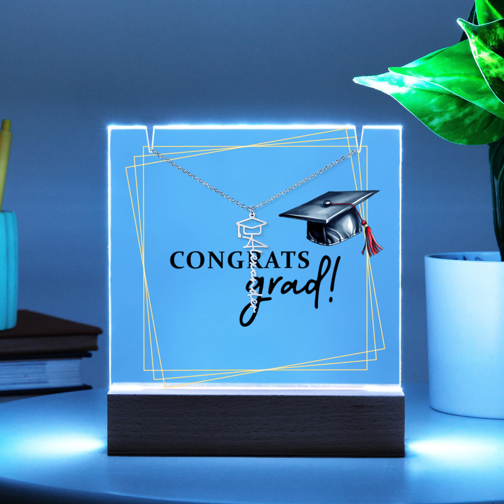 Congrats Grad Keepsake Acrylic & Graduation Cap Name Necklace Bundle