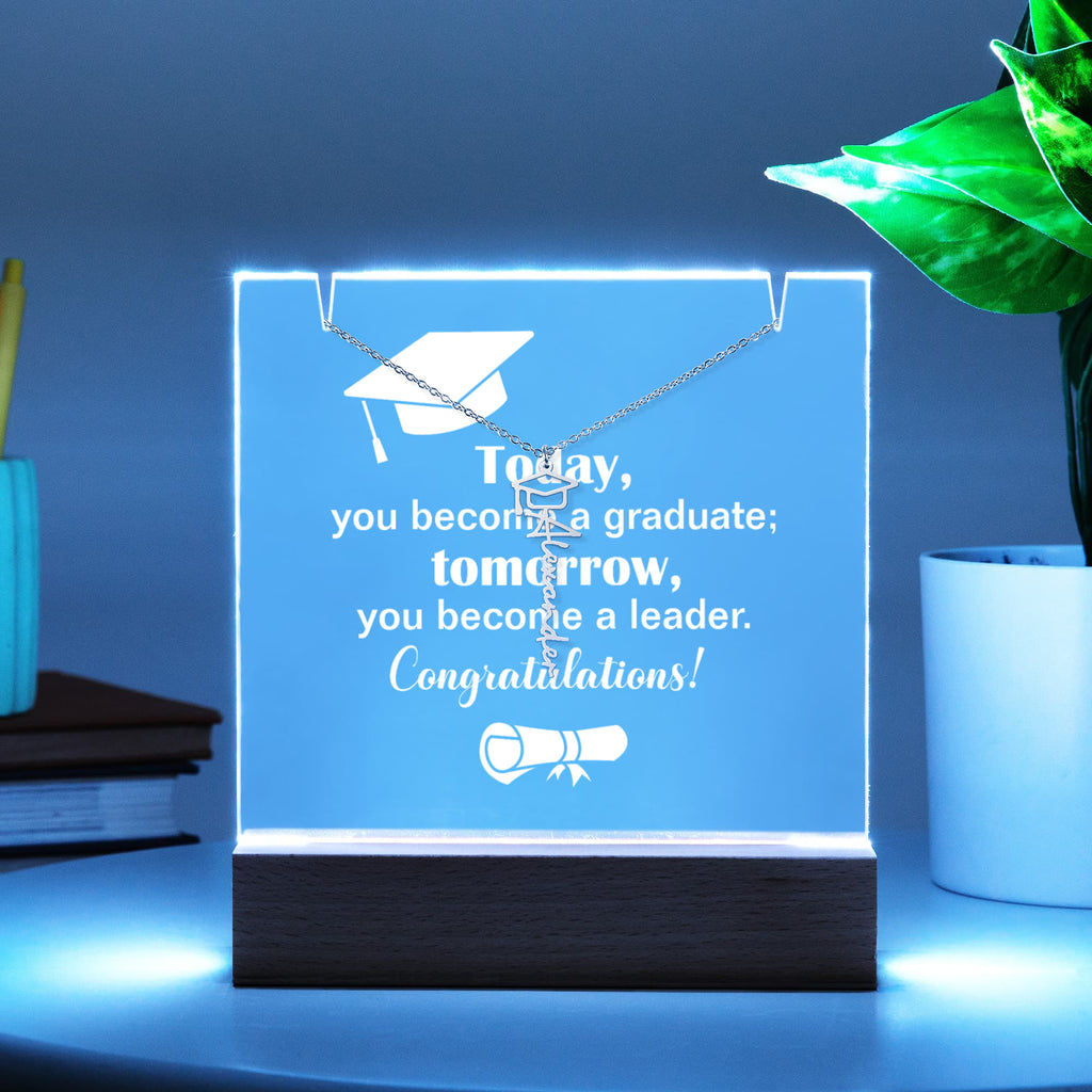 Today a Graduate Tomorrow a Leader Keepsake Acrylic & Graduation Cap Name Necklace Bundle