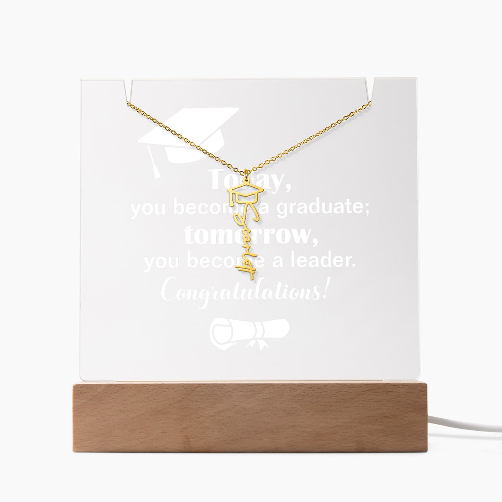 Today a Graduate Tomorrow a Leader Keepsake Acrylic & Graduation Cap Name Necklace Bundle