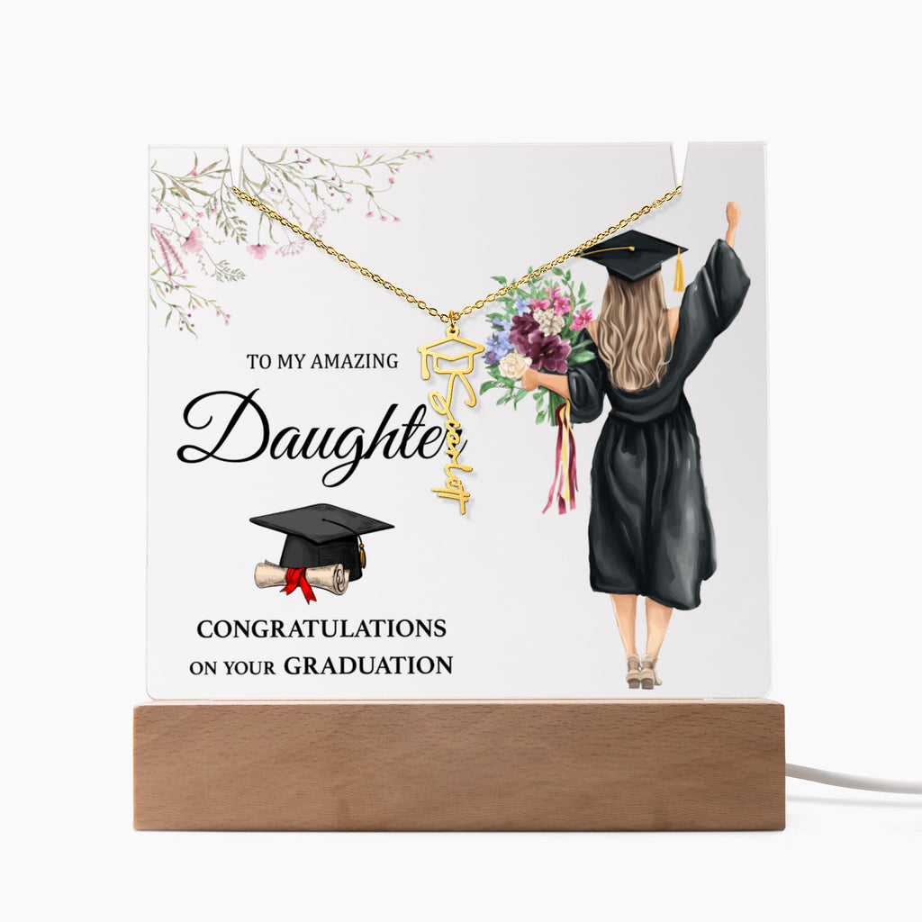 Amazing Daughter Graduation Keepsake Acrylic & Graduation Cap Name Necklace Bundle
