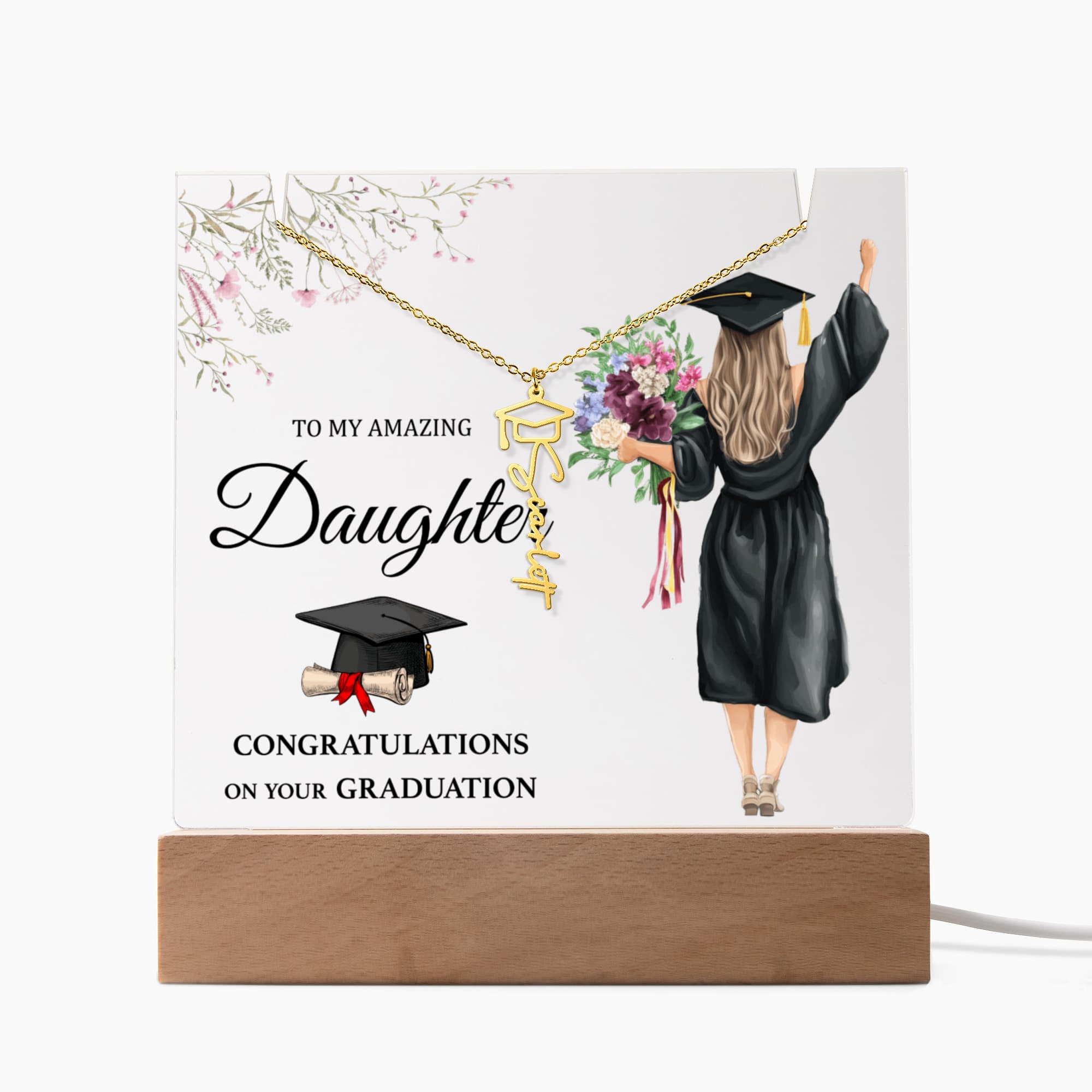 Amazing Daughter Graduation Keepsake Acrylic & Graduation Cap Name Necklace Bundle