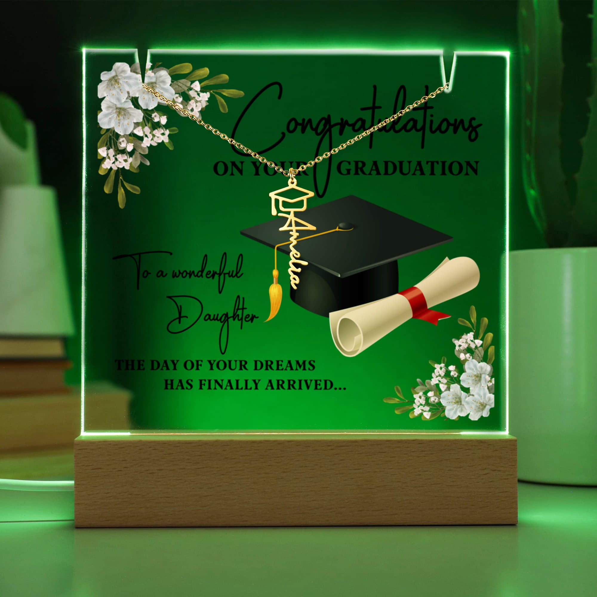 Keepsake Acrylic with Graduation Cap Name Necklace Bundle
