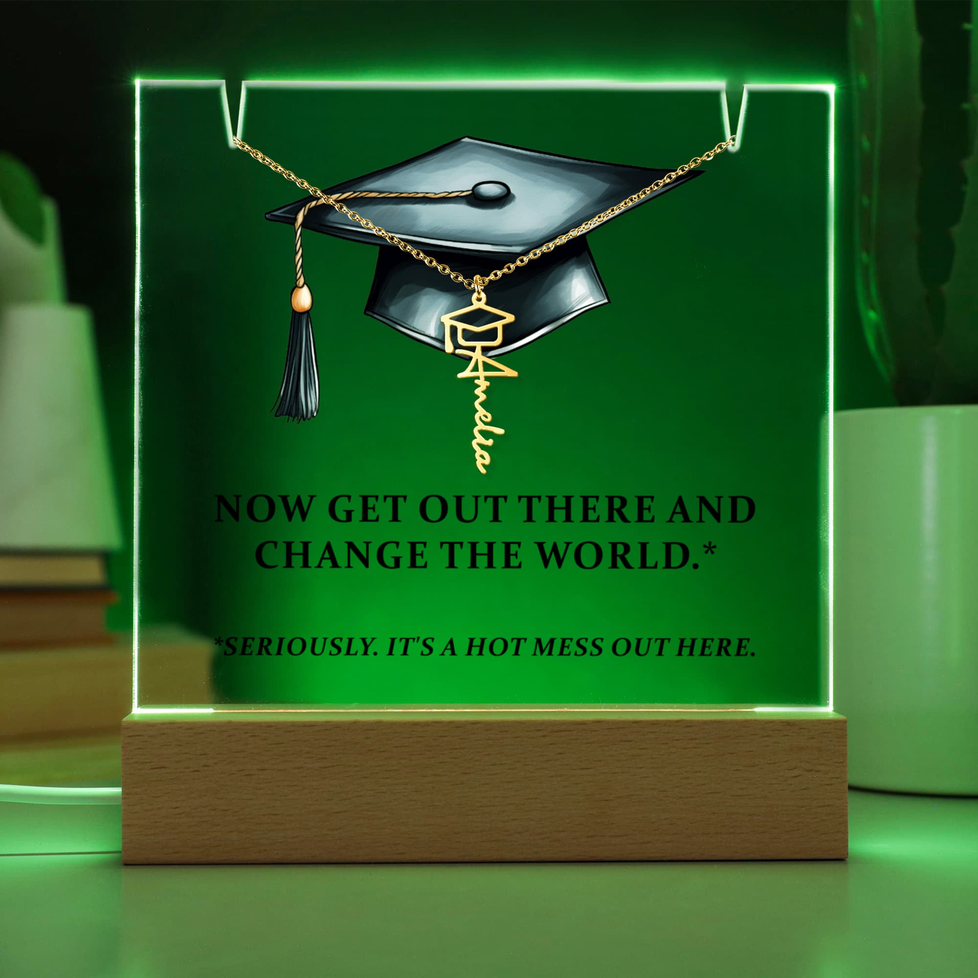 Keepsake Acrylic with Graduation Cap Name Necklace Bundle