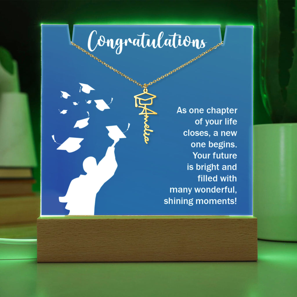 Bright Future Graduation Keepsake Acrylic & Graduation Cap Name Necklace Bundle