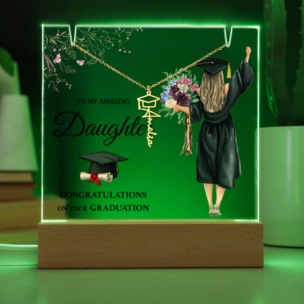 Amazing Daughter Graduation Keepsake Acrylic & Graduation Cap Name Necklace Bundle