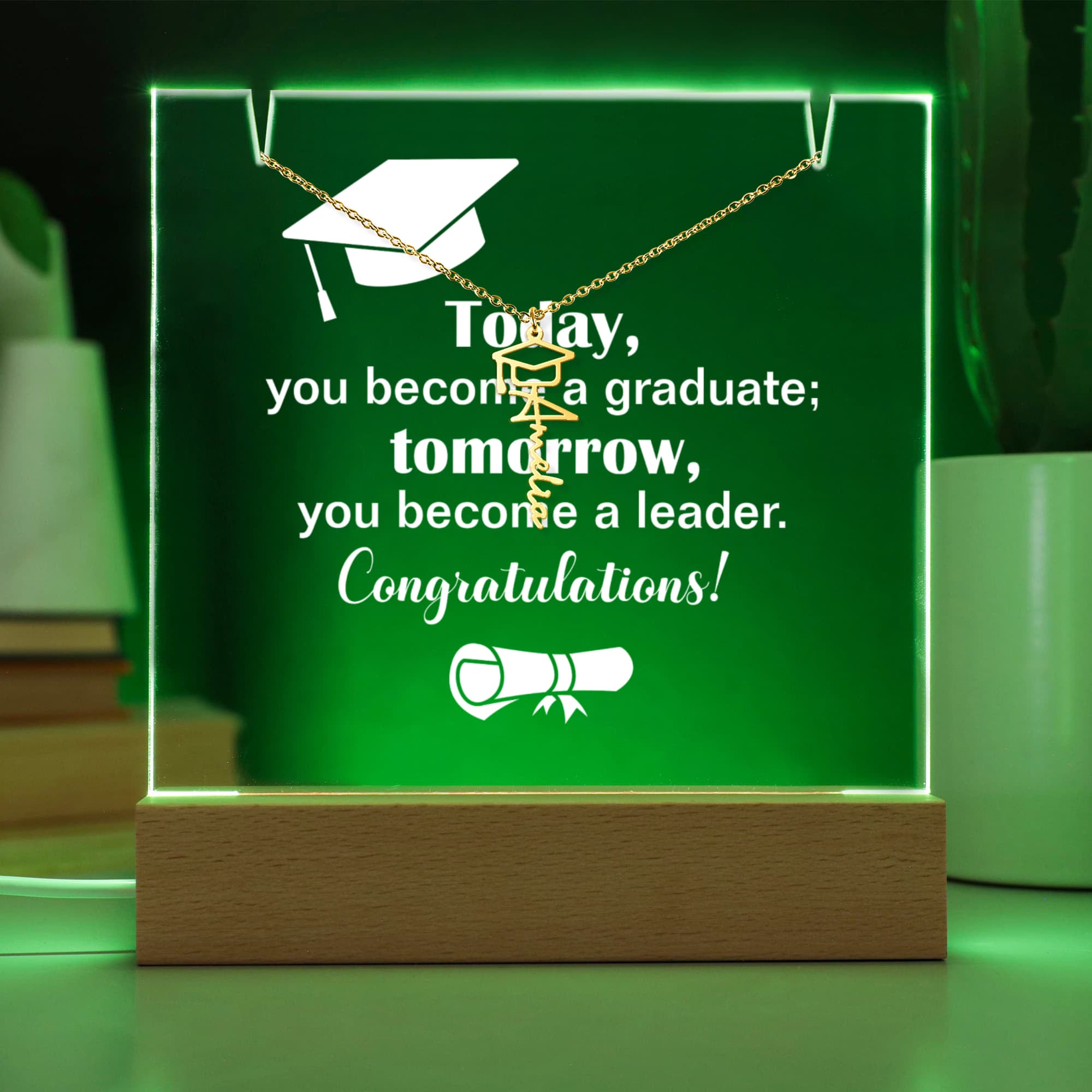 Today a Graduate Tomorrow a Leader Keepsake Acrylic & Graduation Cap Name Necklace Bundle