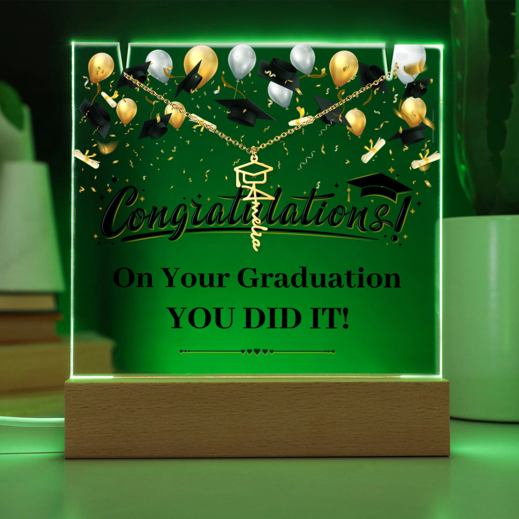 You Did It Graduation Keepsake Acrylic & Graduation Cap Name Necklace Bundle