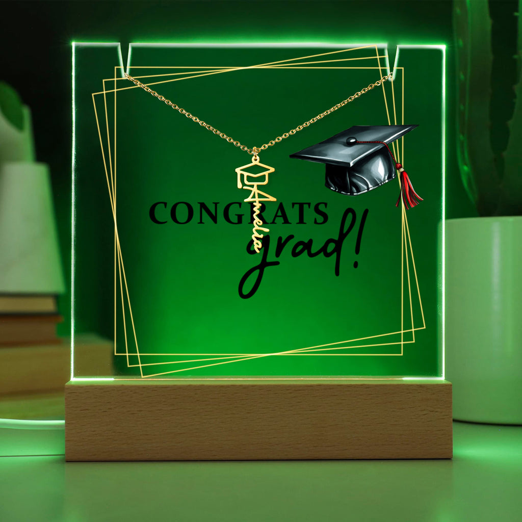 Congrats Grad Keepsake Acrylic & Graduation Cap Name Necklace Bundle
