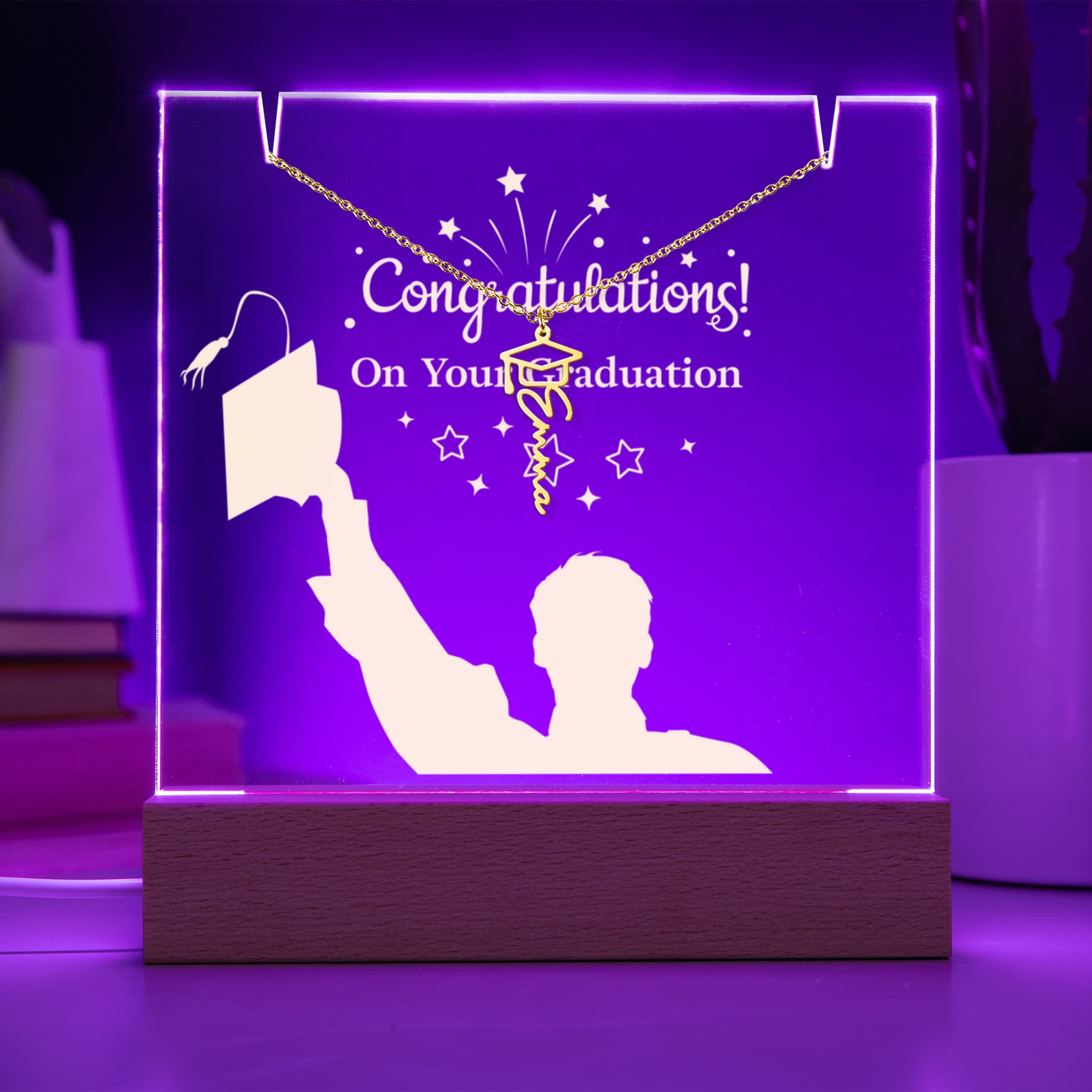Congratulations on Your Graduation Keepsake Acrylic & Graduation Cap Name Necklace Bundle