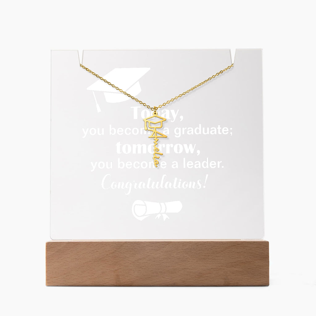 Today a Graduate Tomorrow a Leader Keepsake Acrylic & Graduation Cap Name Necklace Bundle