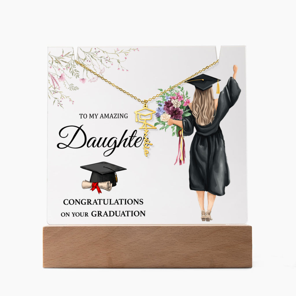 Amazing Daughter Graduation Keepsake Acrylic & Graduation Cap Name Necklace Bundle