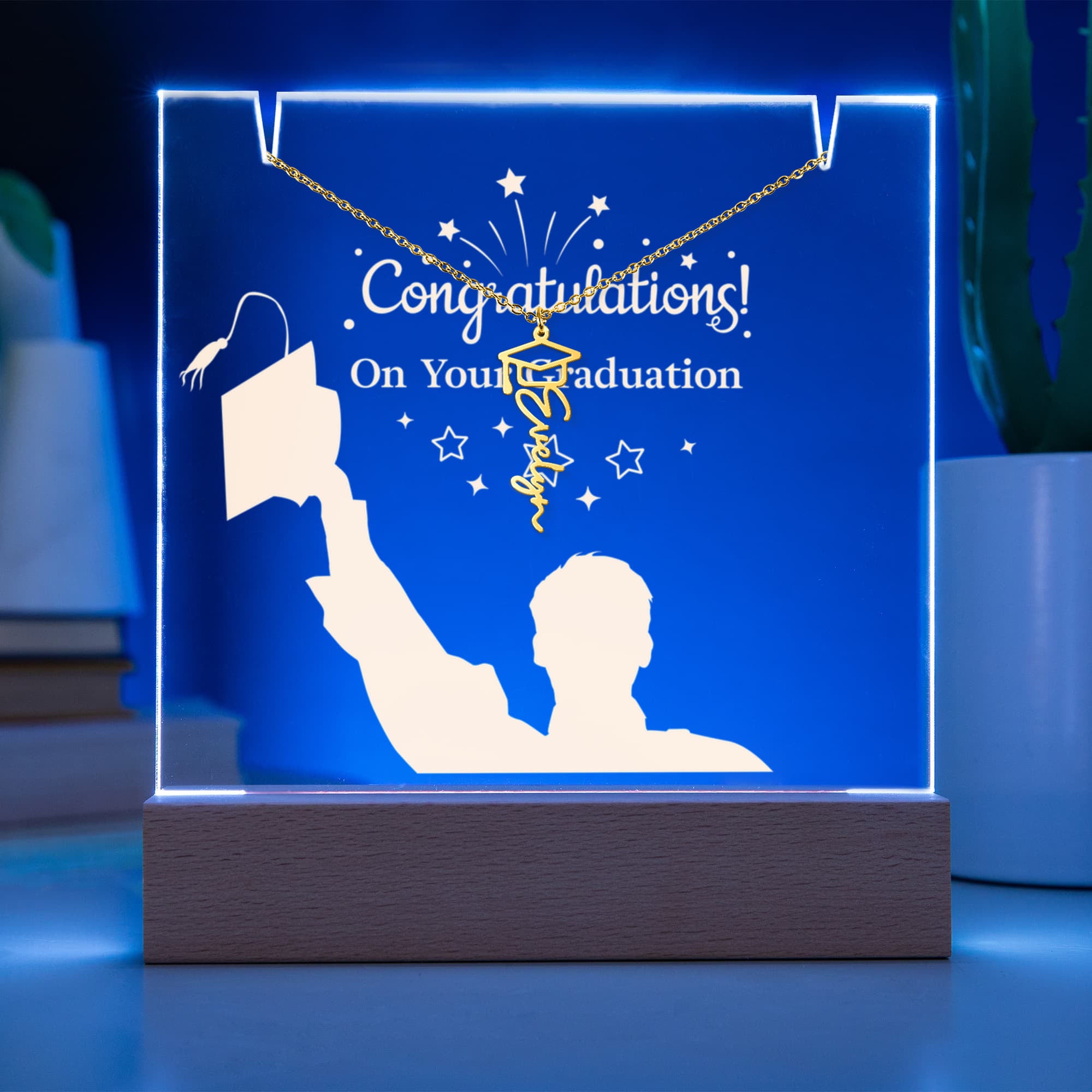 Congratulations on Your Graduation Keepsake Acrylic & Graduation Cap Name Necklace Bundle